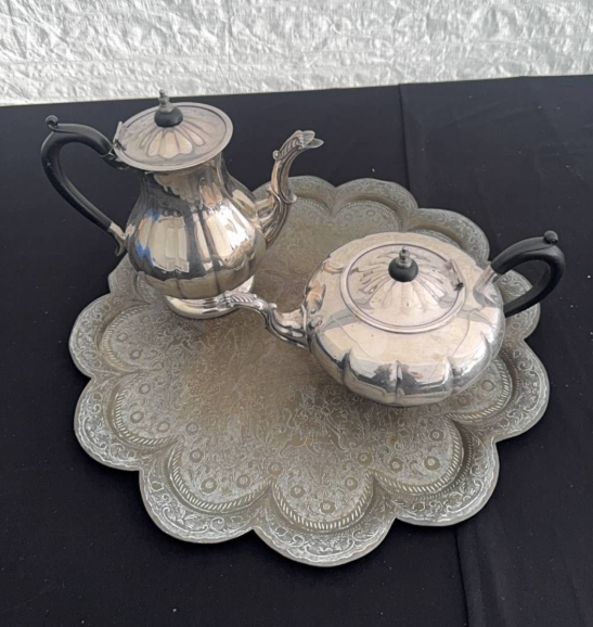 Vintage Silver-Plated Tea & Coffee Pot Set, Engraved Brass Tray