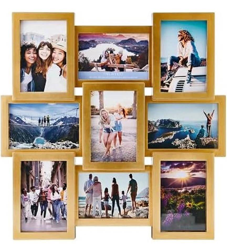 9-Opening Gold Photo Collage Frame – Holds 4x6 and 6x4 Photos