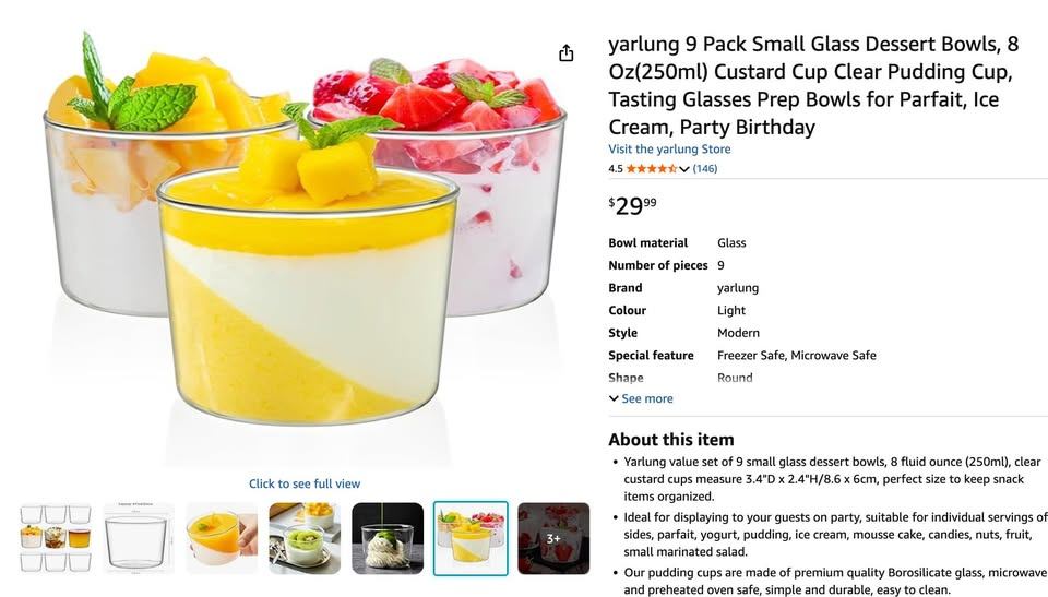 Clear Glass Dessert Bowls/ Cups, 8 Oz - 9 count Ice cream cups - photo 3