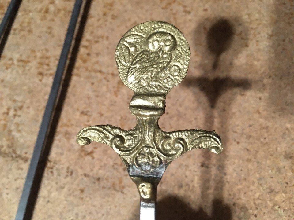 3 VINTAGE BBQ ORNATE ROASTING GILL SKEWERS BRASS HAND ATHENA OWL - photo 4