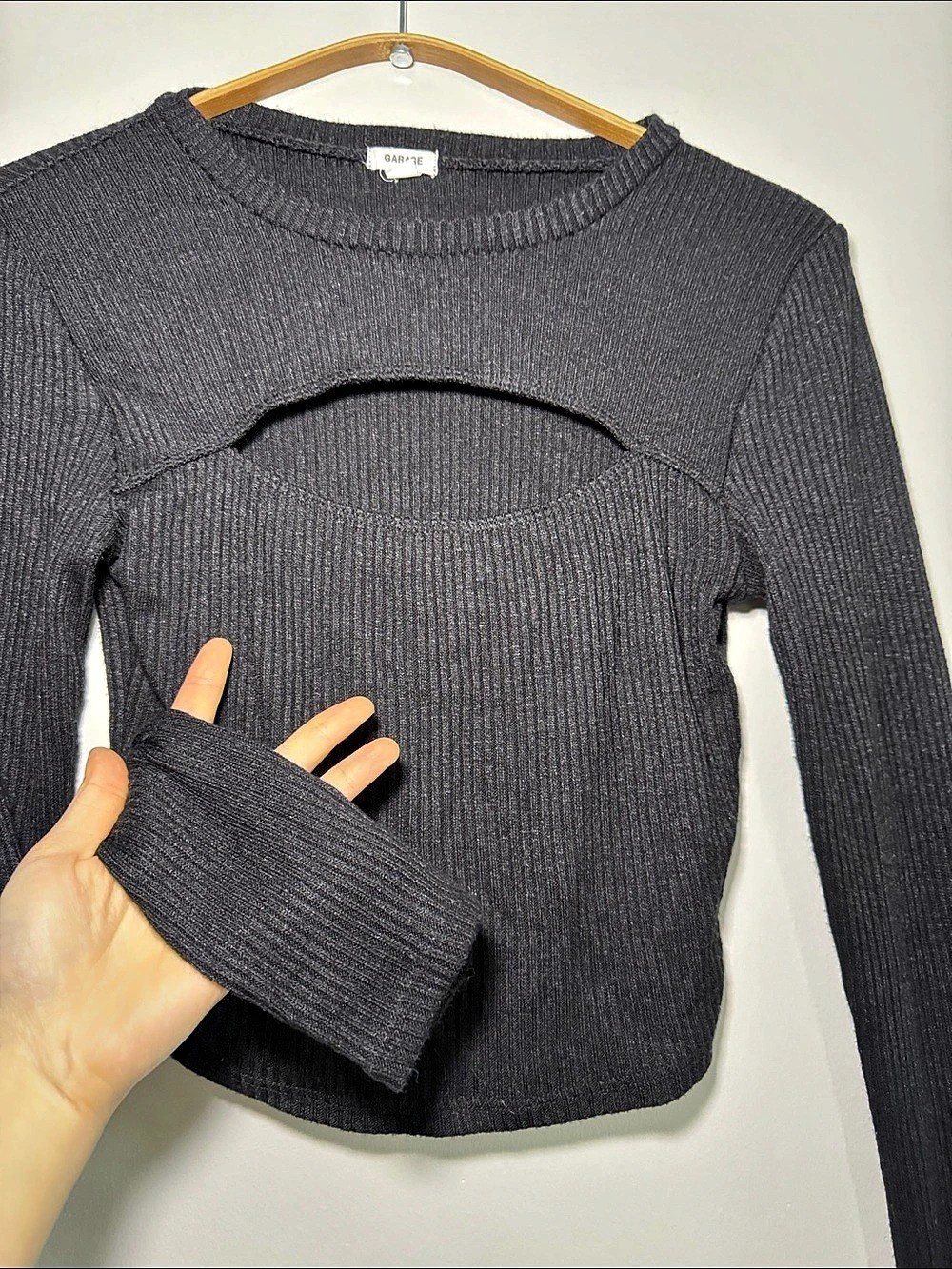 Garage Ribbed Cutout Long Sleeve Top Black - photo 3