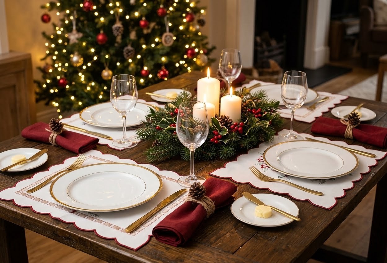 Embroidered White Christmas Placemats Set (17"x12")