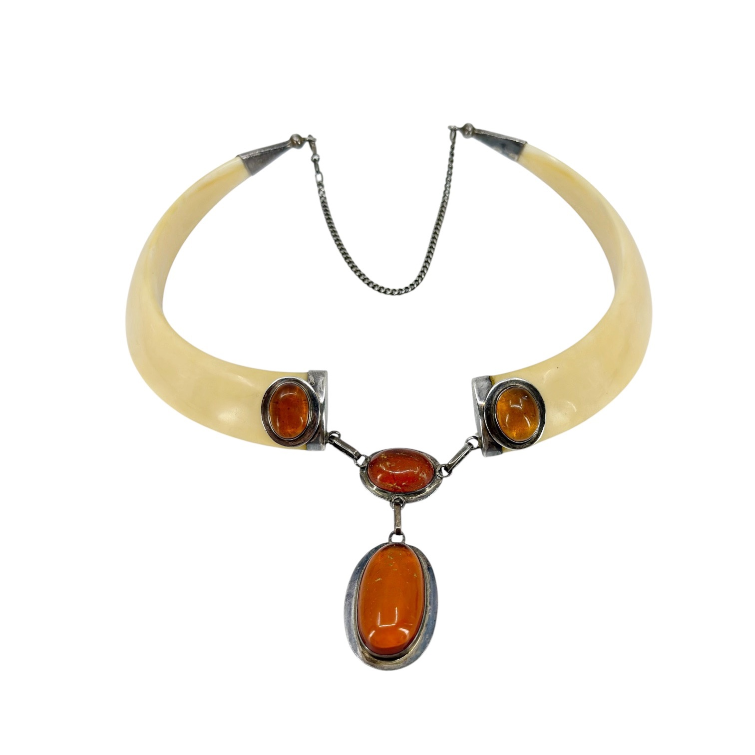 Vintage Sterling Silver wild boar tusk & Baltic amber necklace