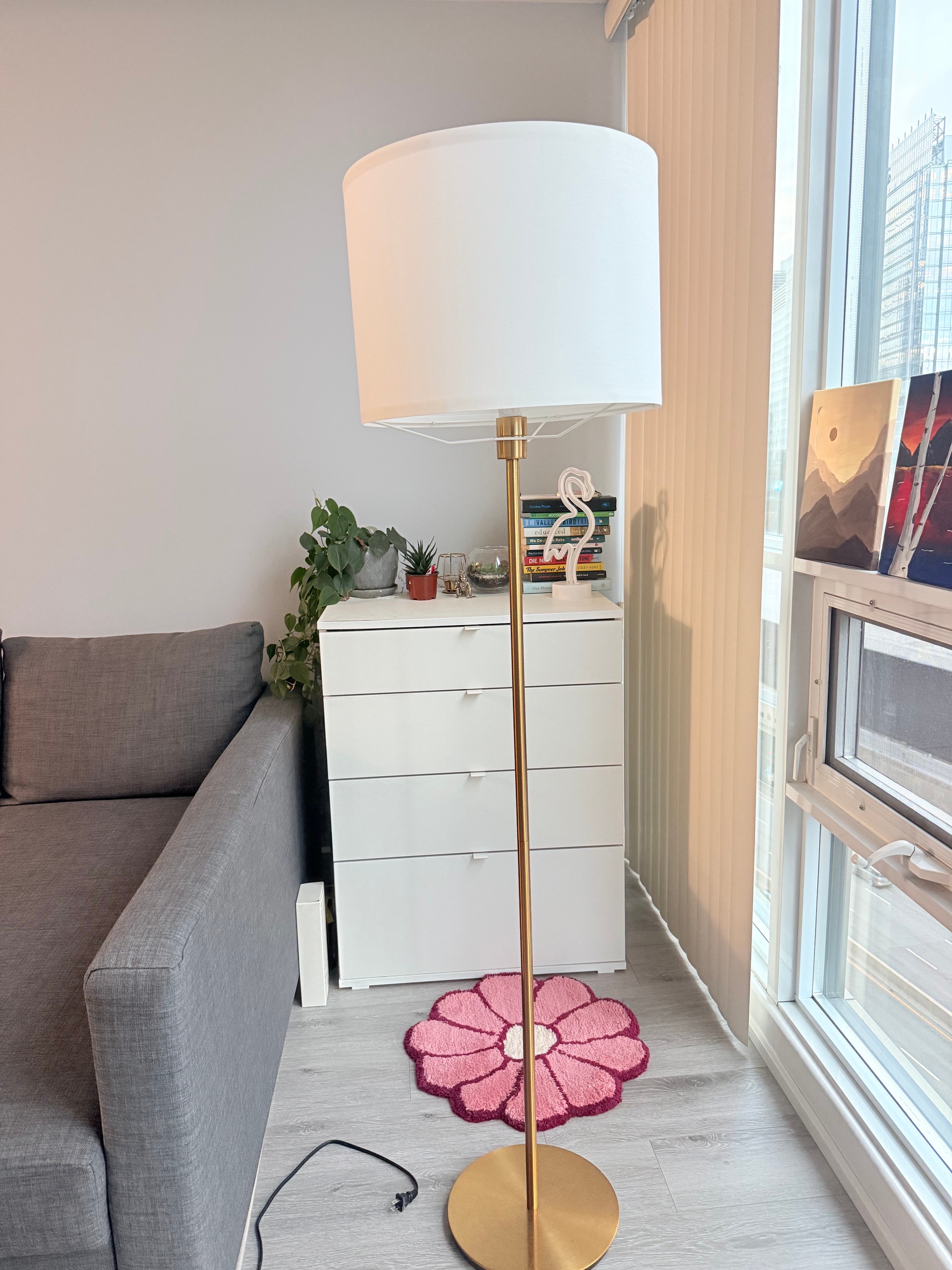 SKAFTET Floor lamp base (brass) + RINGSTA Lamp shade (white)