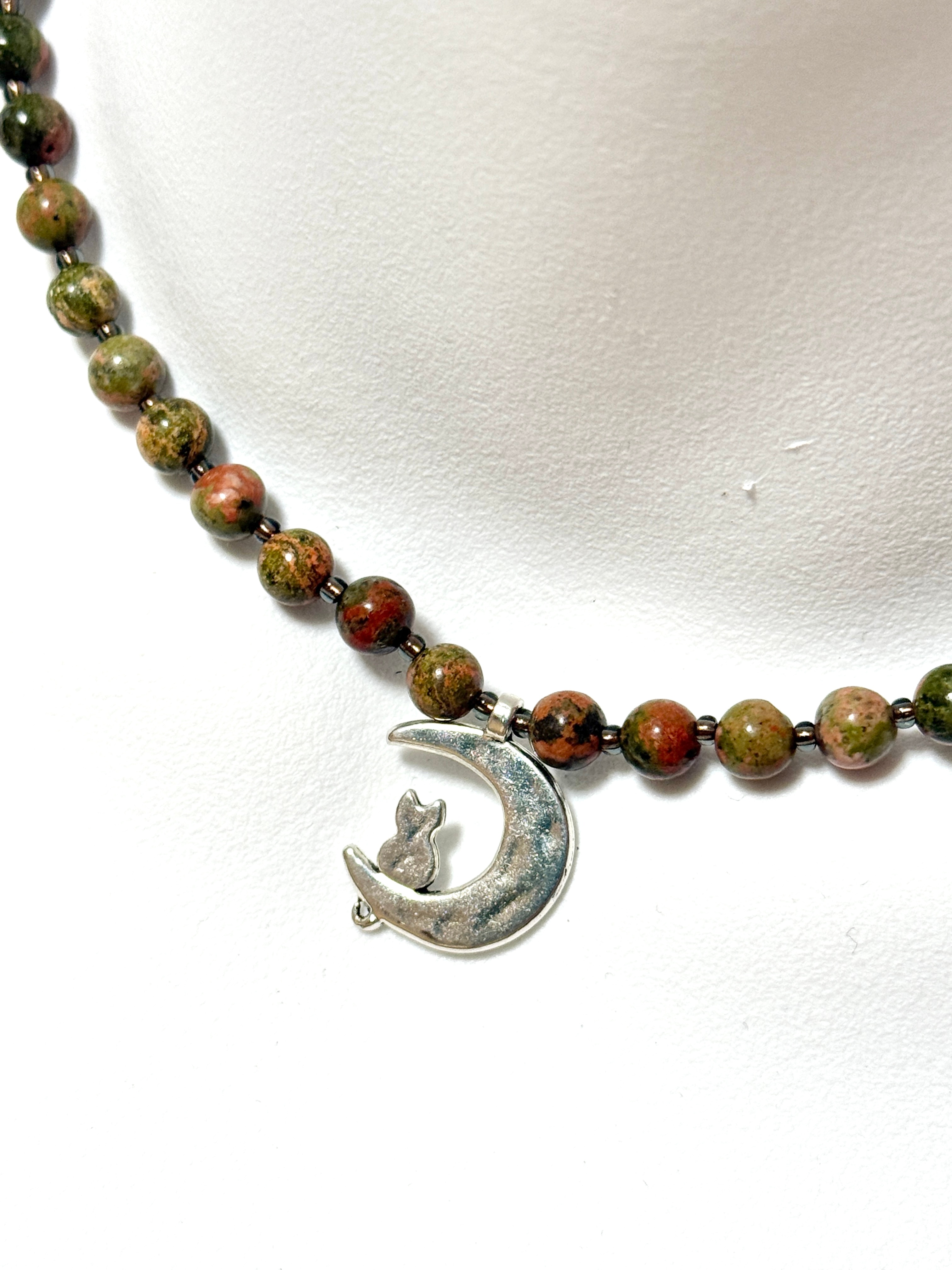 Green Unakite Short Necklace, Silver Cat on the Moon Pendant