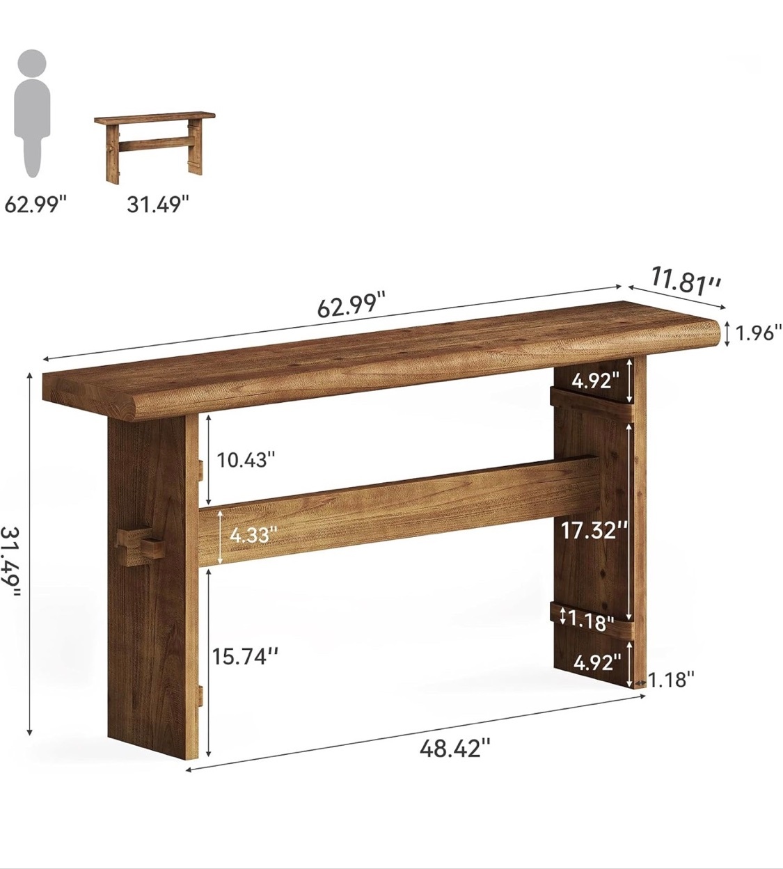63" Rustic Wood Console Table – Farmhouse Entryway Table, New - photo 5