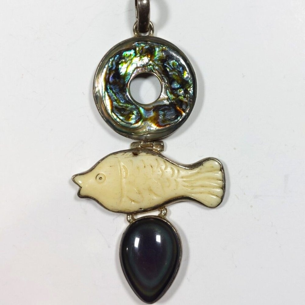 Sterling Silver 925 Abalone Shell Pendant W/ Gemstones Handmade