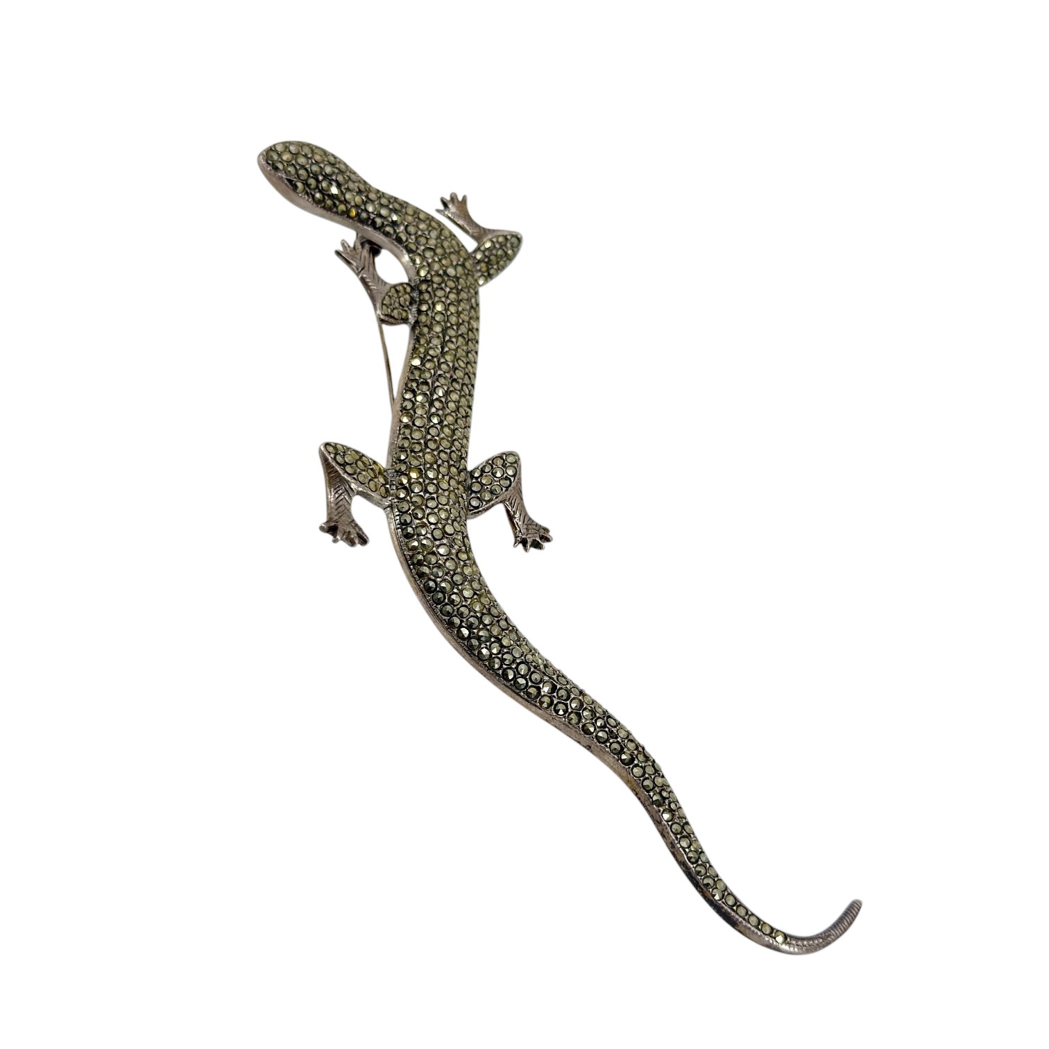 Vintage oversized sterling silver marcasite lizard brooch