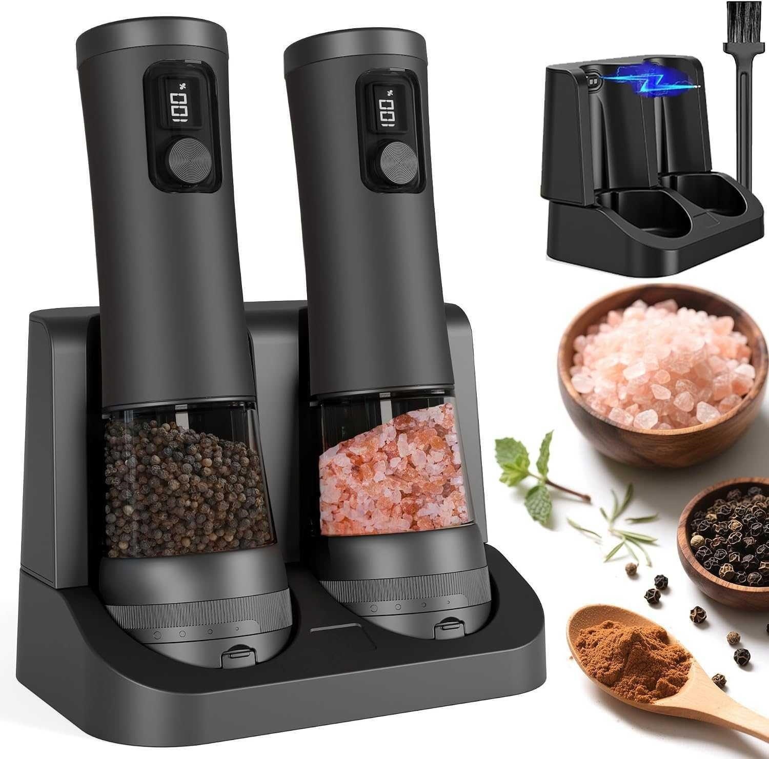 Electric Salt & Pepper Grinder Set — Black, Rechargeable