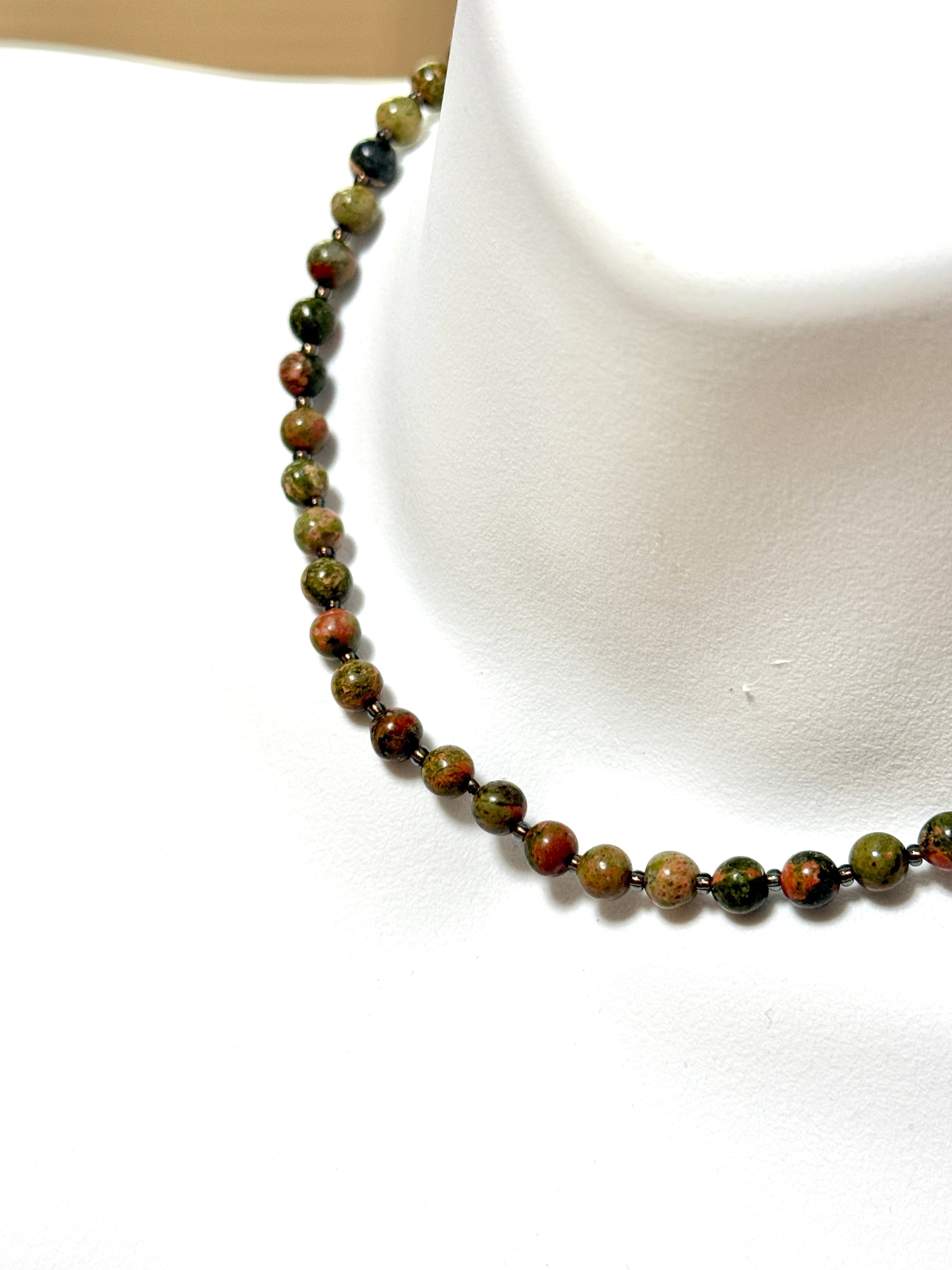 Green Unakite Short Necklace, Genuine Gemstone Beaded Necklace