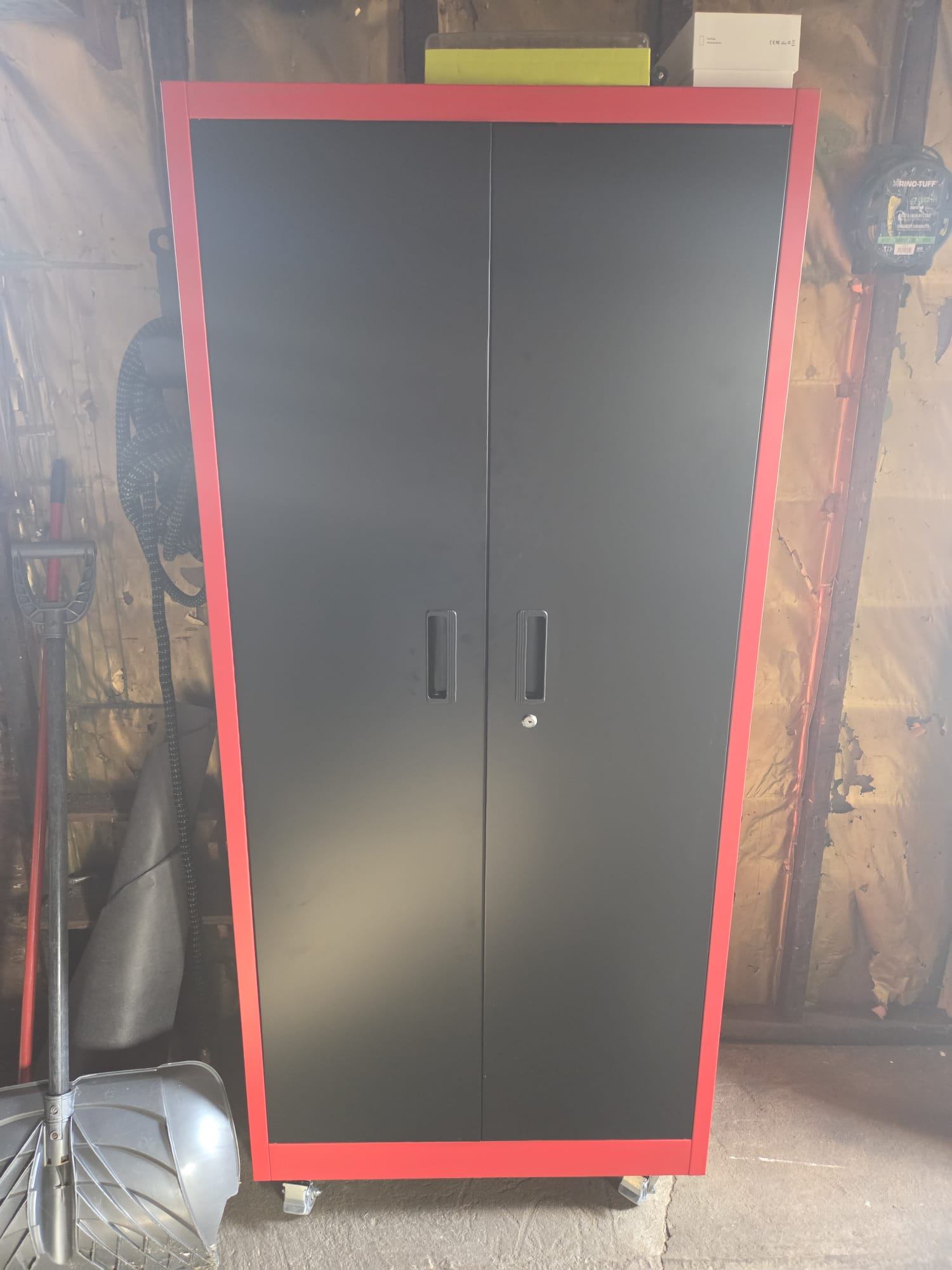 Black and Red Metal Storage Cabinet