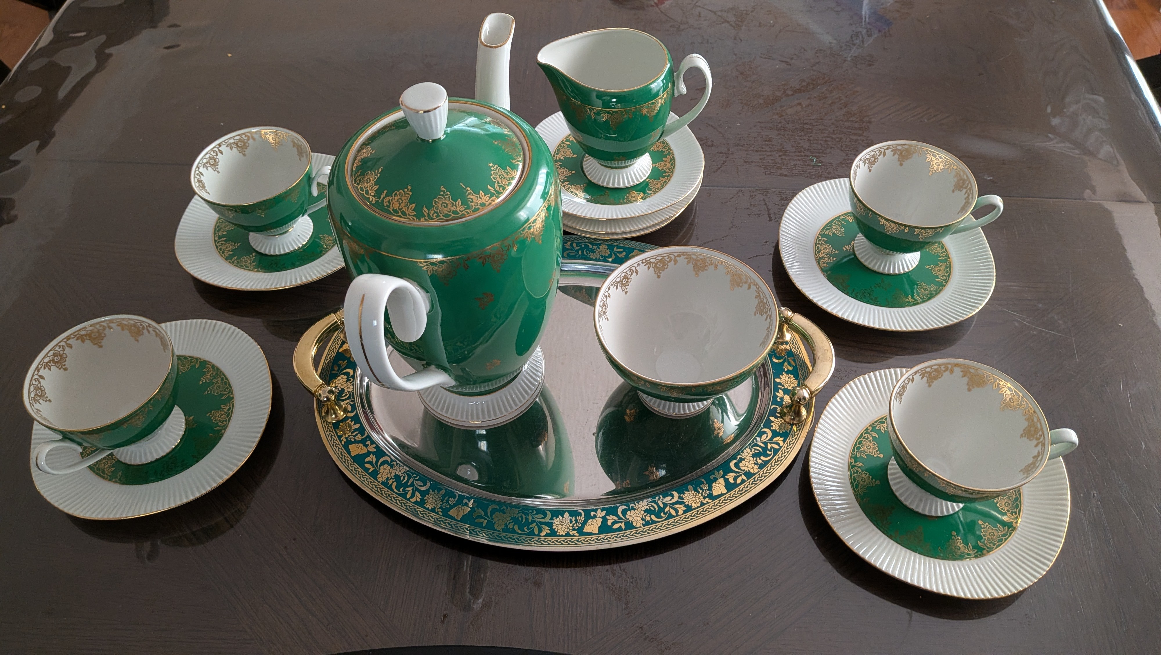 Vintage Green&Gold Porcelain Tea/Coffee Set with Tray–OBO - photo 2