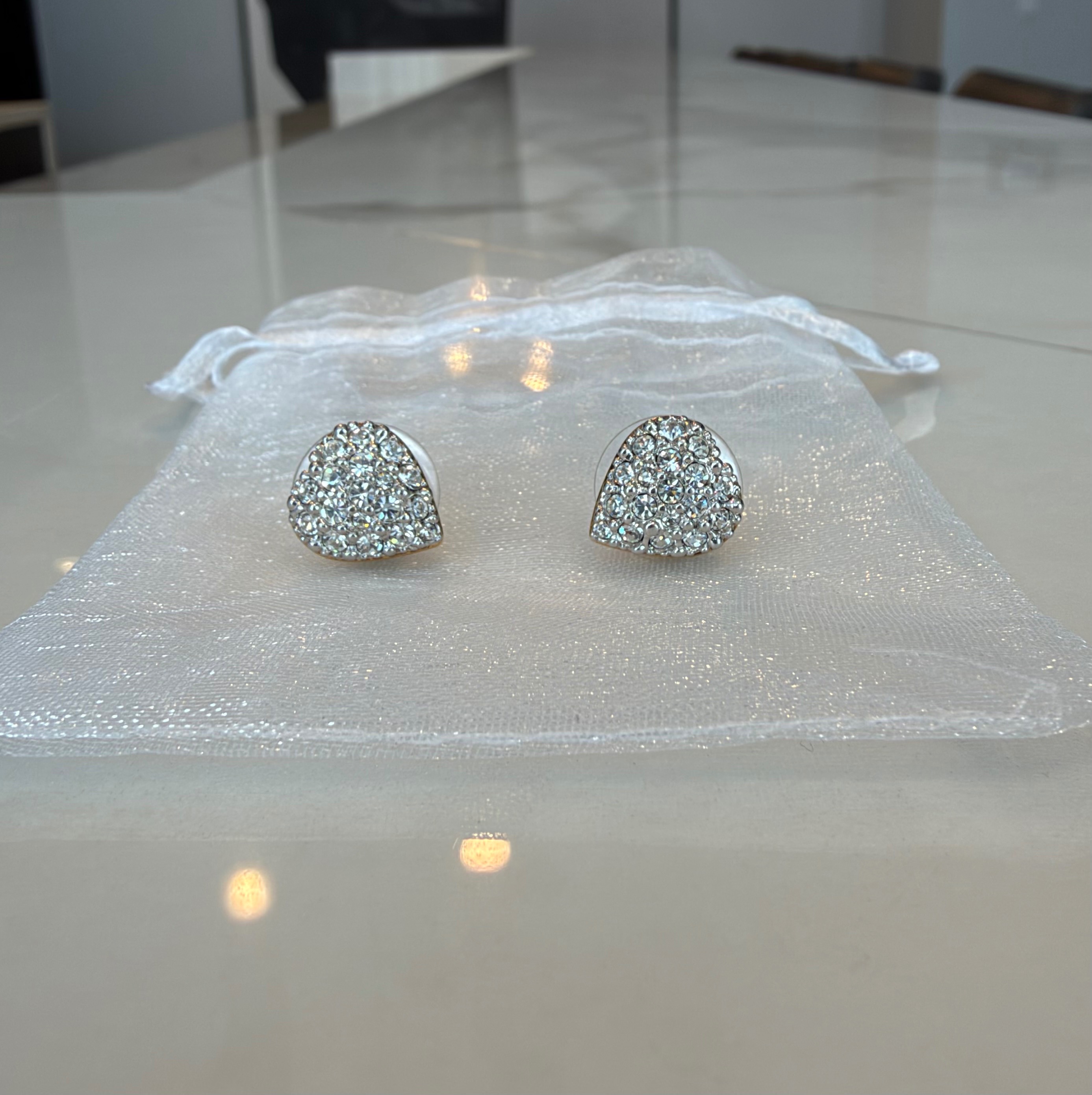 Vintage Swarovski Pave Crystal Heart Stud Earrings