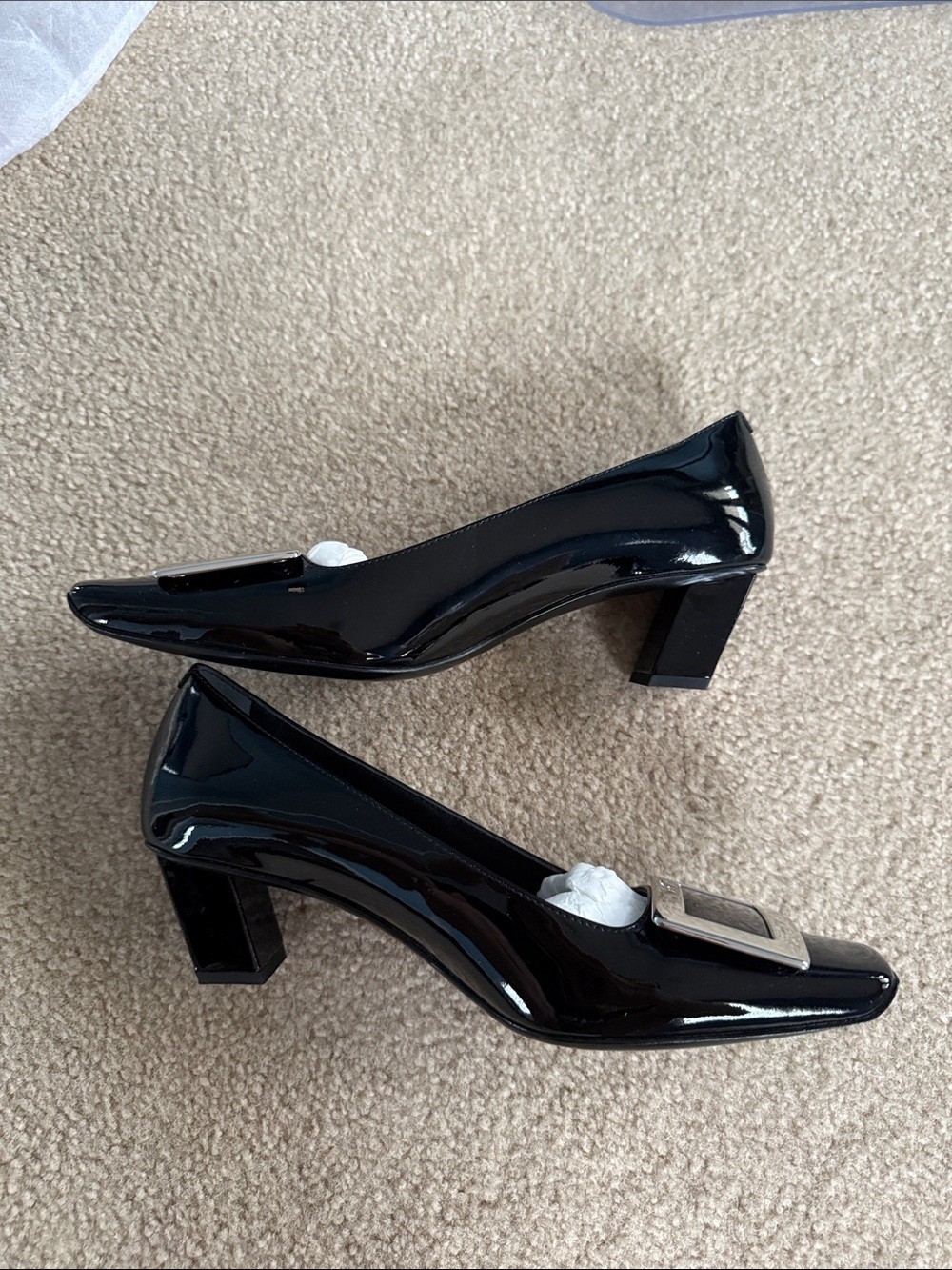 Brand New Elegant leather Black Patent Pumps with Silver Buckle