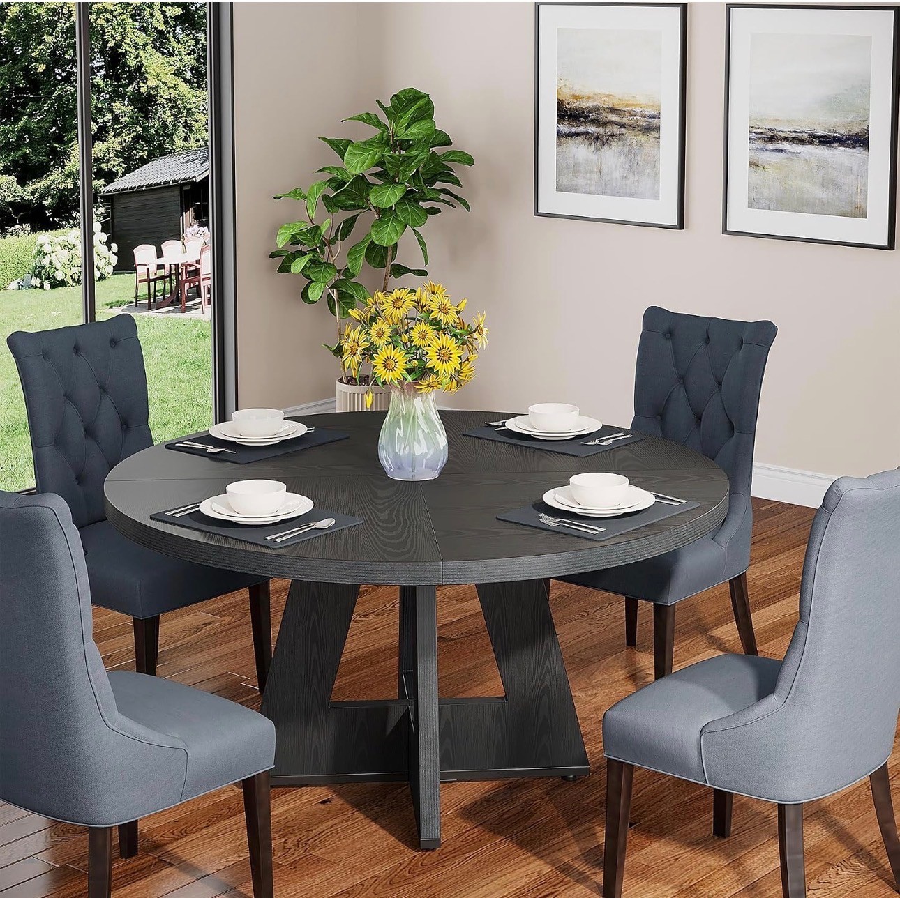 Round Black Dining Table 47" – Modern Pedestal, New