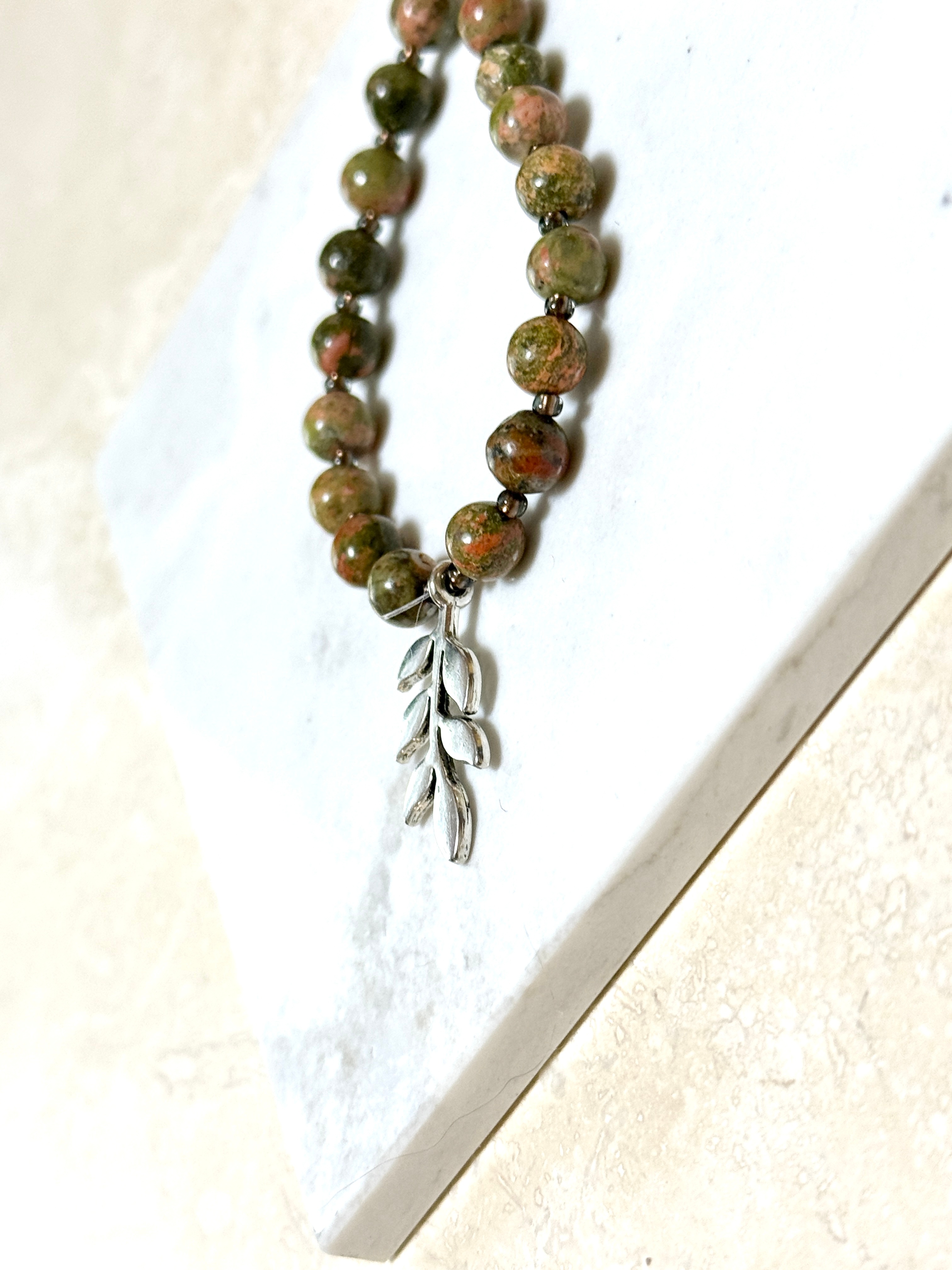 Green Unakite Short Necklace, Silver Leaf Branch Pendant - photo 4