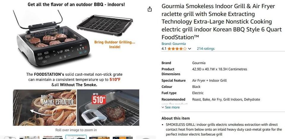 Gourmia Smokeless Indoor Grill & Air Fryer, 6 QT food station