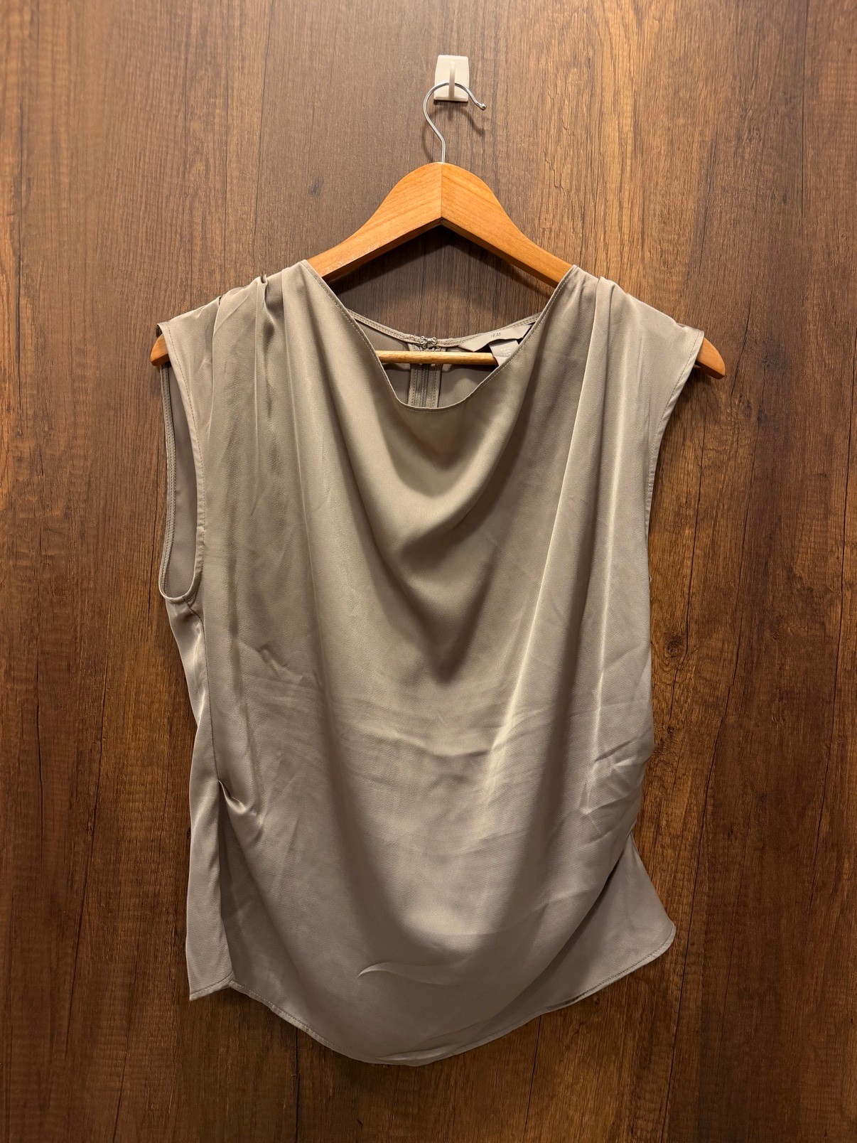 H&M Taupe Sleeveless Cowl-Neck Blouse, Size M