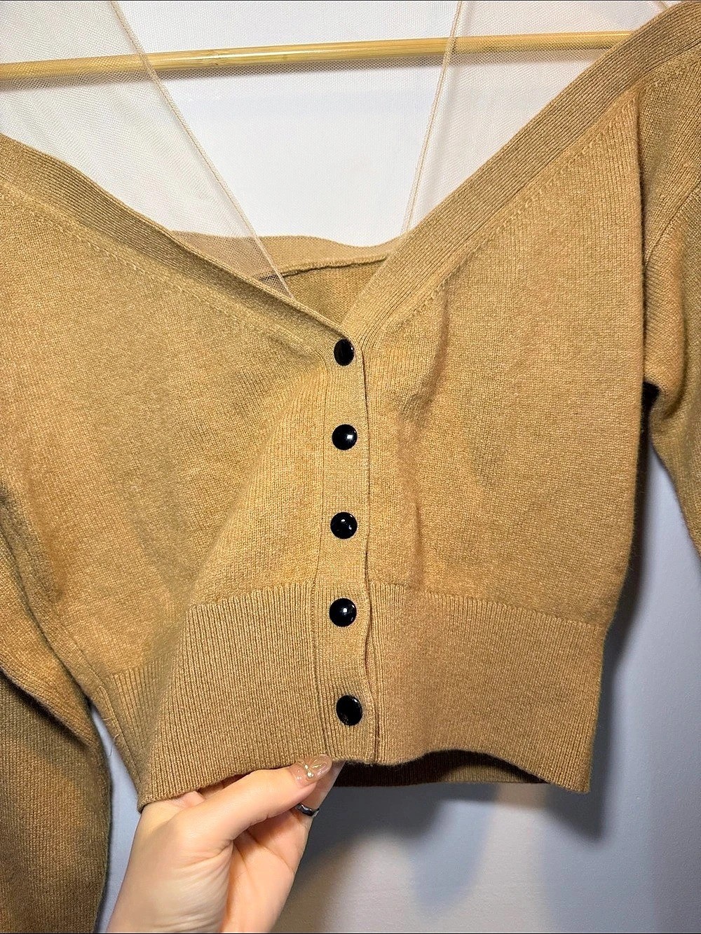 AW inspired Brown Mesh Cashmere blend Button-Front Crop Cardigan - photo 4
