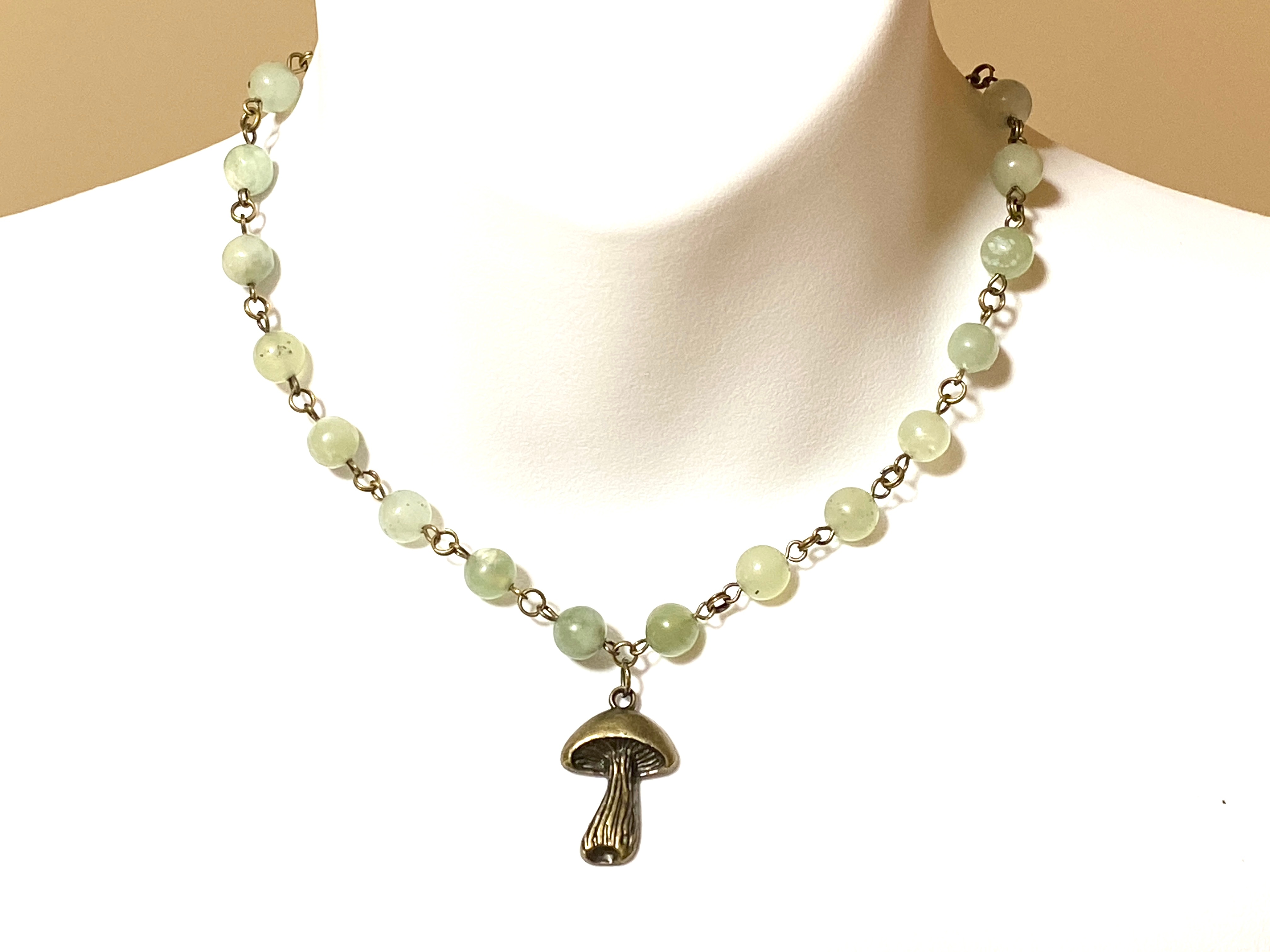 Mint Green Serpentine Short Necklace, Bronze Slim Mushroom Charm - photo 2