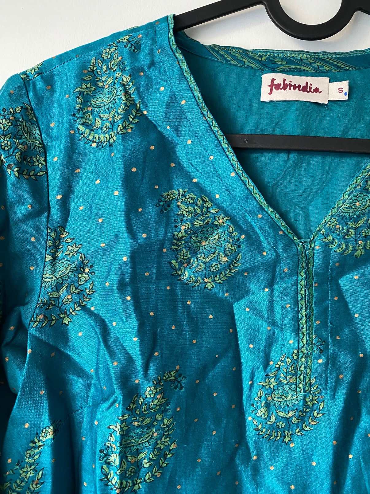 FabIndia Teal Printed Kurta, Size S - photo 2