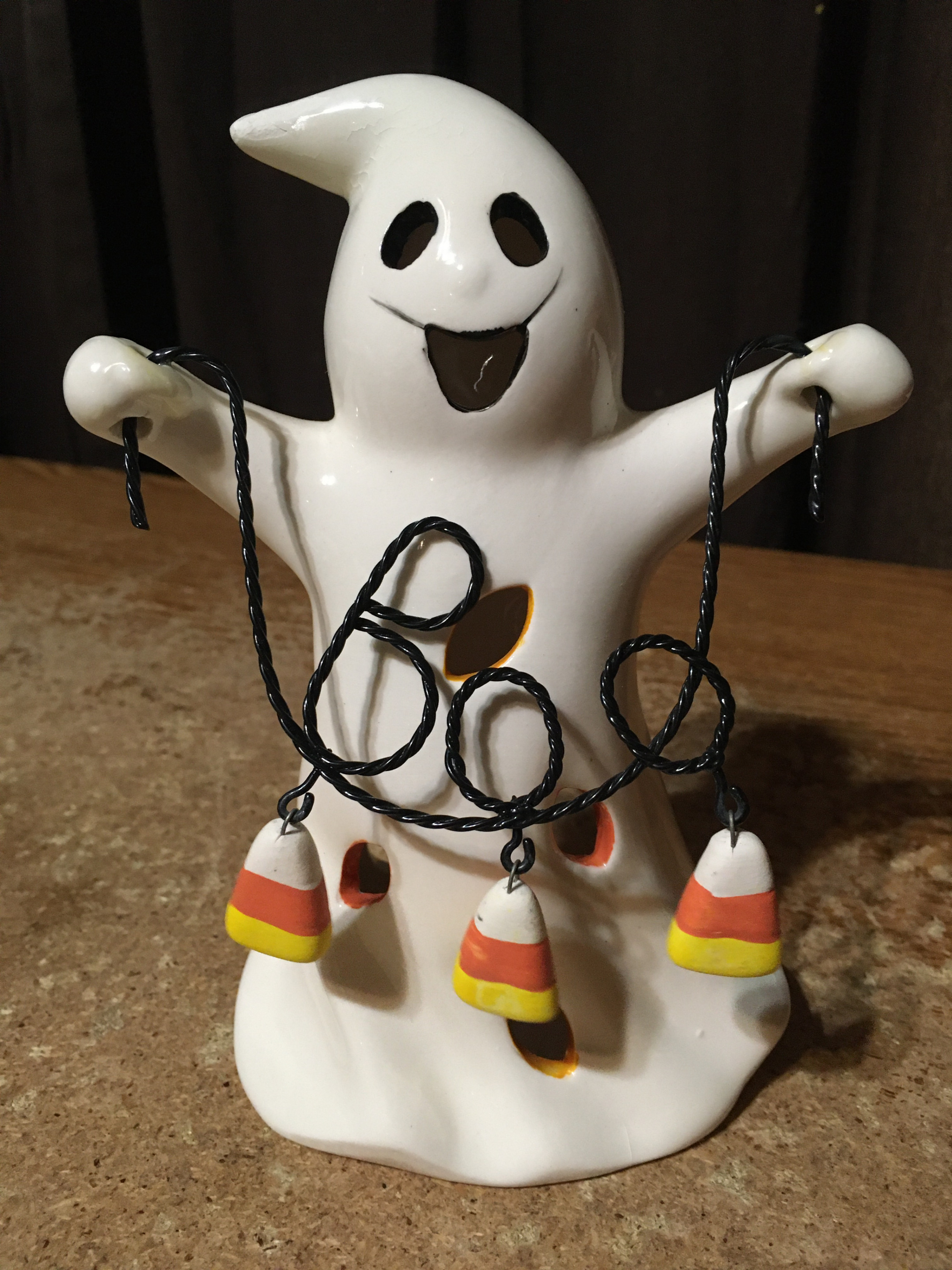 HALLOWEEN CERAMIC GHOST CANDLE HOLDER WIRE BOO HANGING CANDYCORN