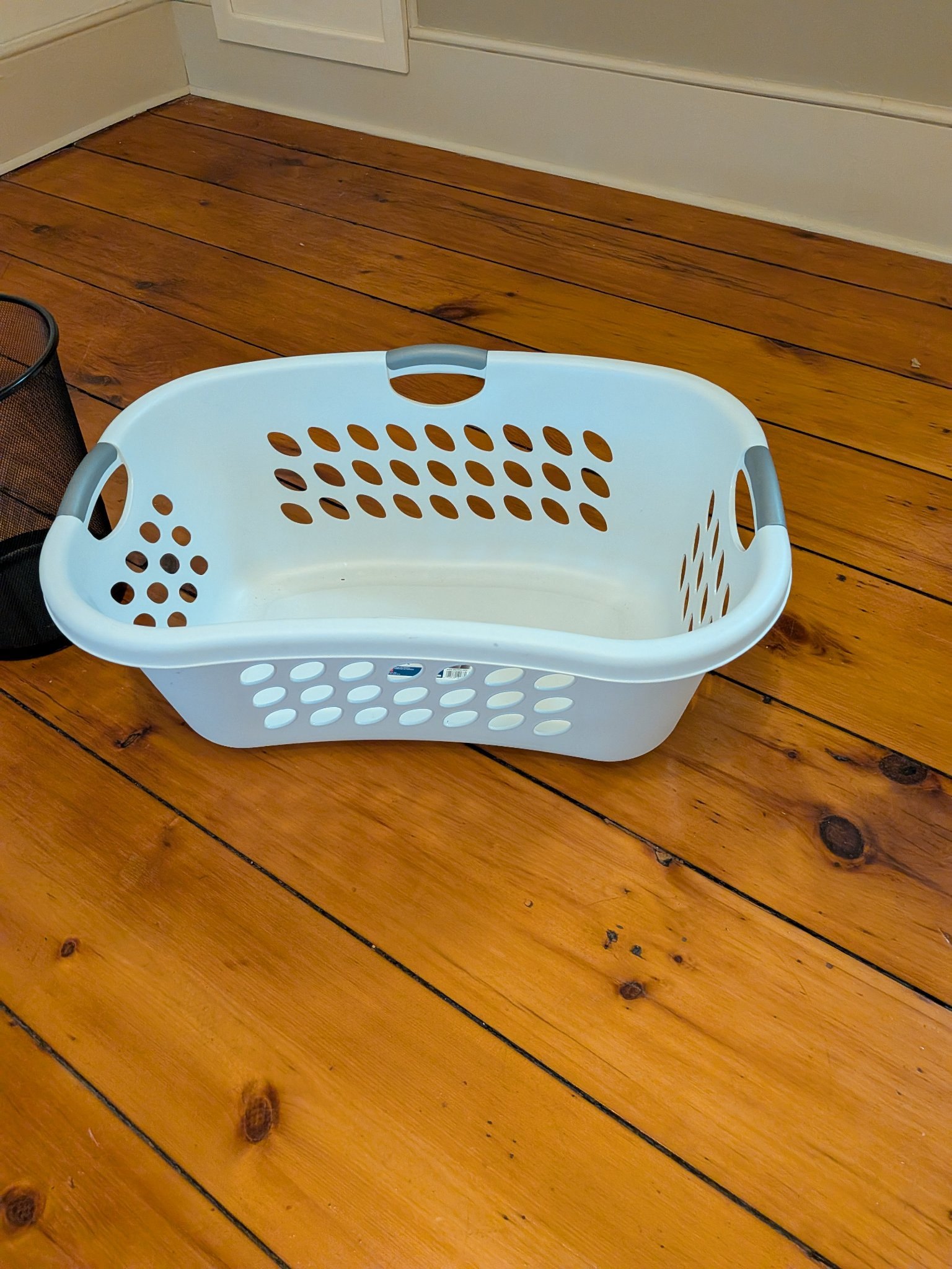 White Laundry Basket, Step Can, and Black Mesh Wastebasket Set
