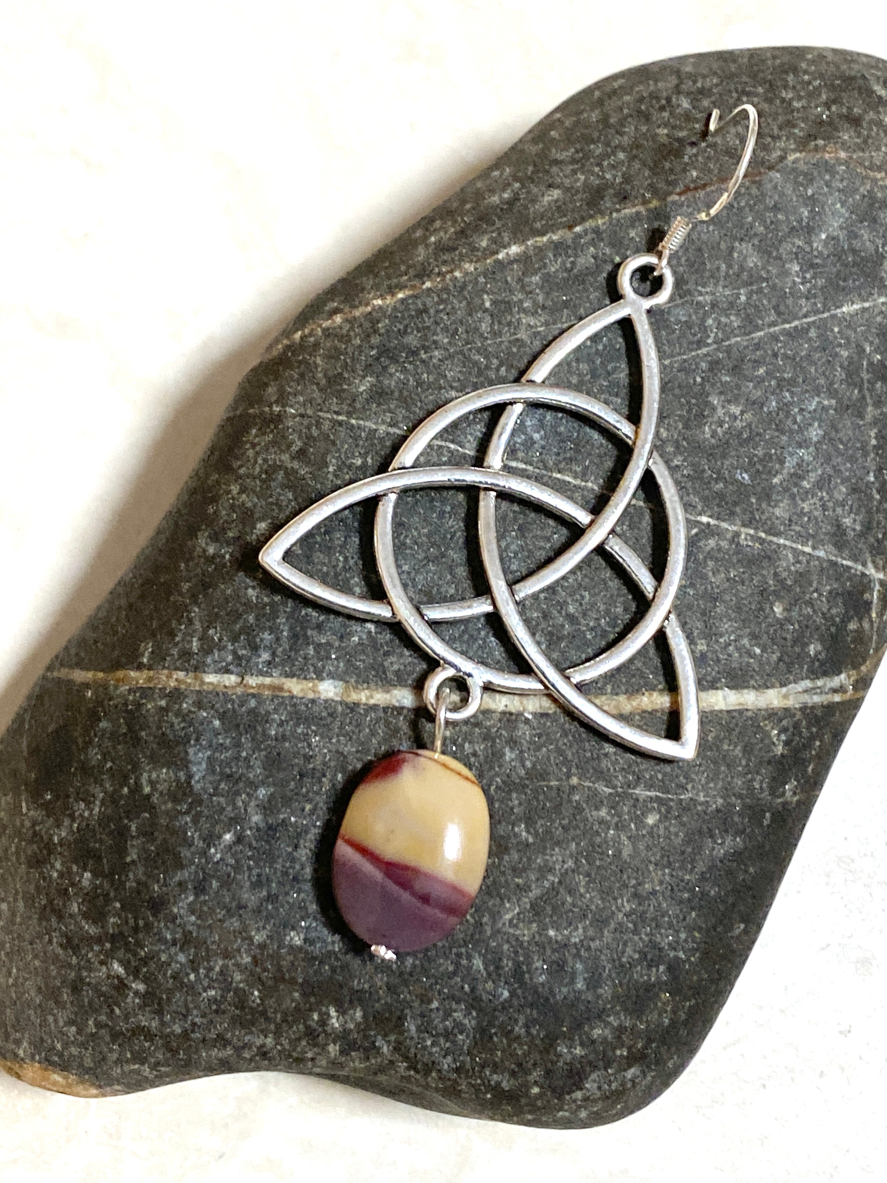 Genuine Earthy Mookaite Celtic Trinity Earrings, 925 Silver Hook - photo 5
