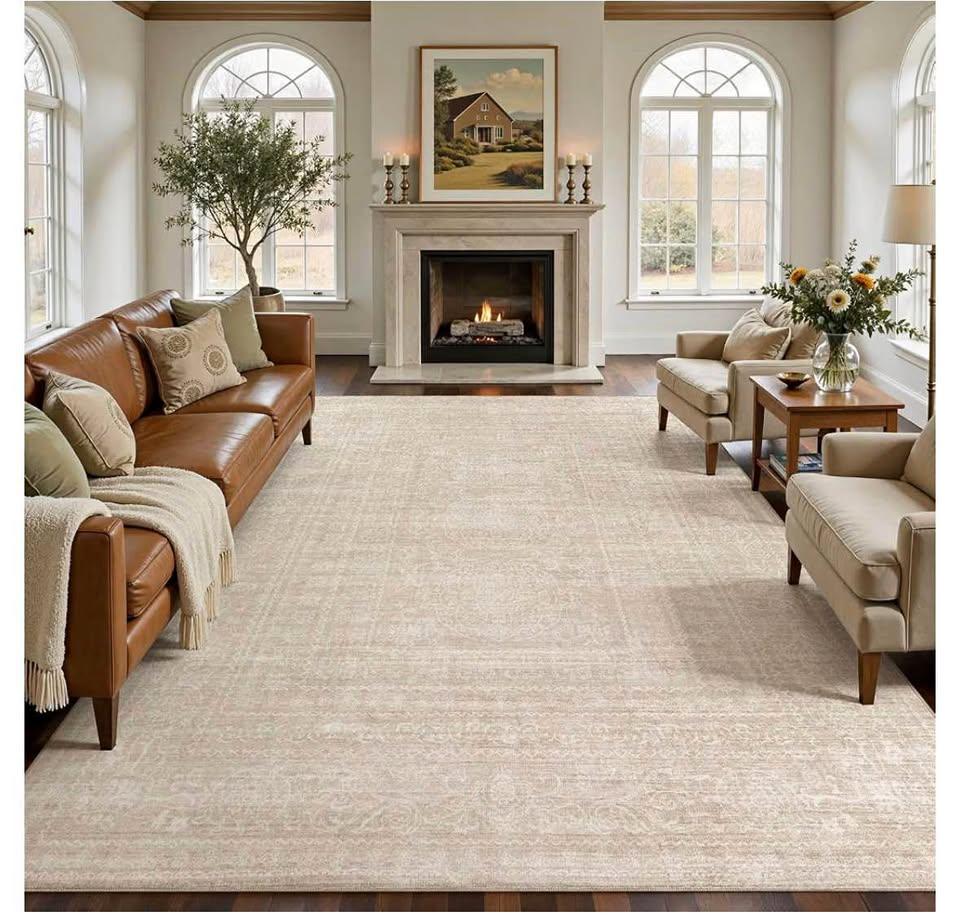 8x10 Washable Area Rug – Beige, Pet & Kid Friendly, Non-Slip