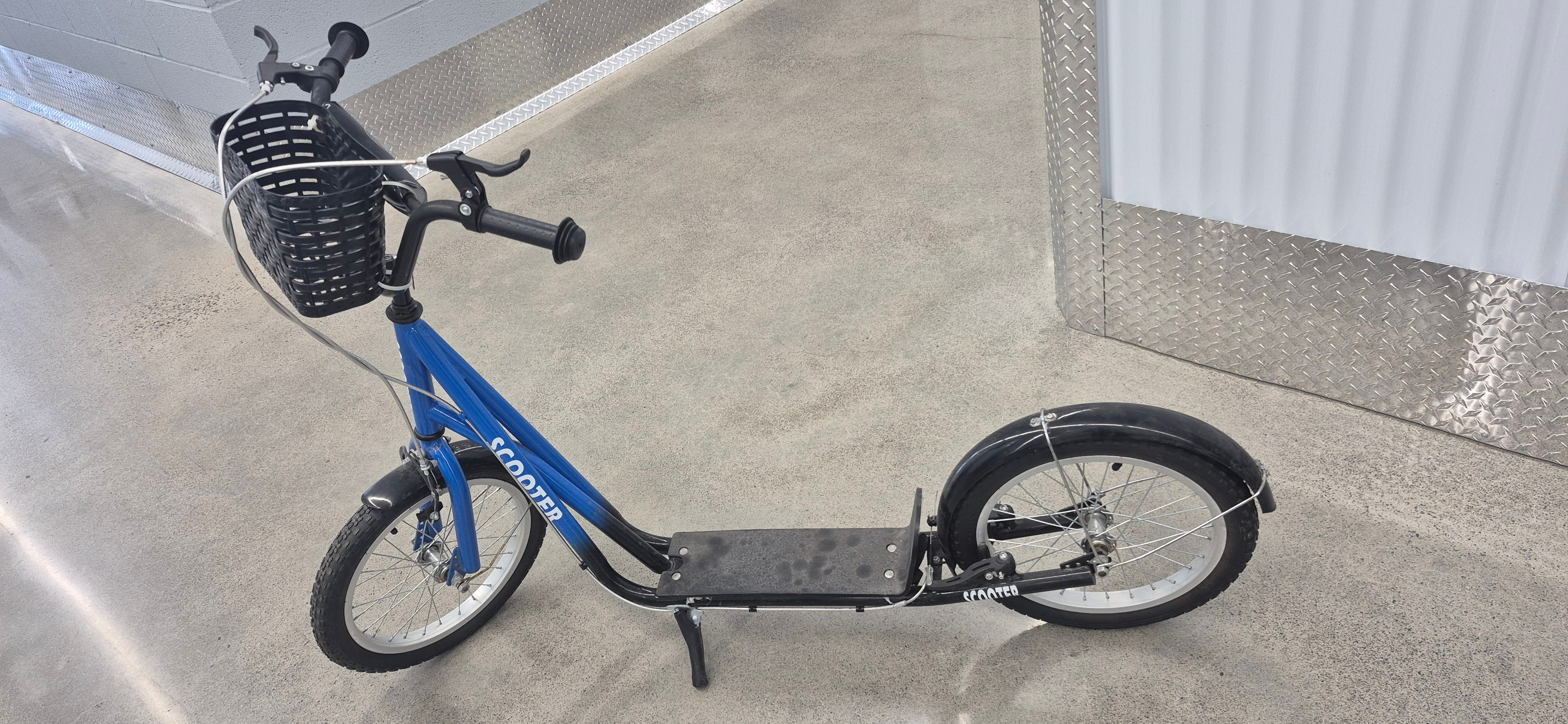 Blue Kick Scooter with Large Wheels, Basket & Hand Brakes