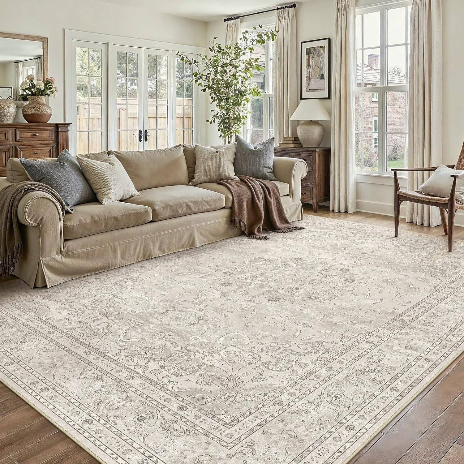 6x9 Rug Washable Beige Vintage Floral