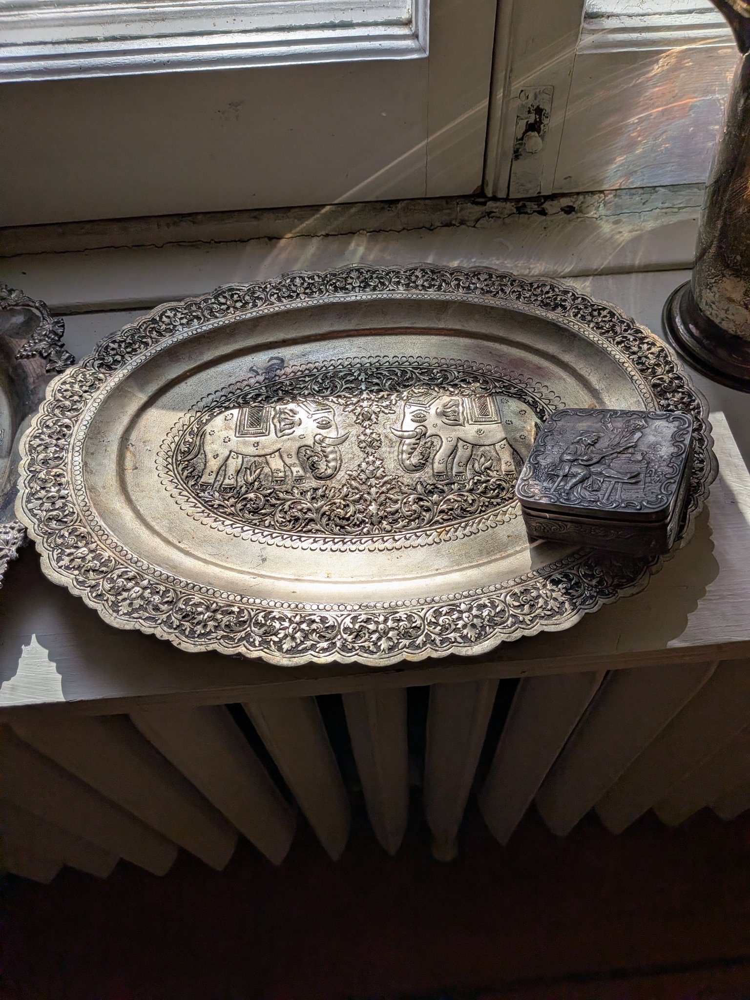 Vintage Silver Serving Lot: Trays, Mugs, Tankards, Vase, Box