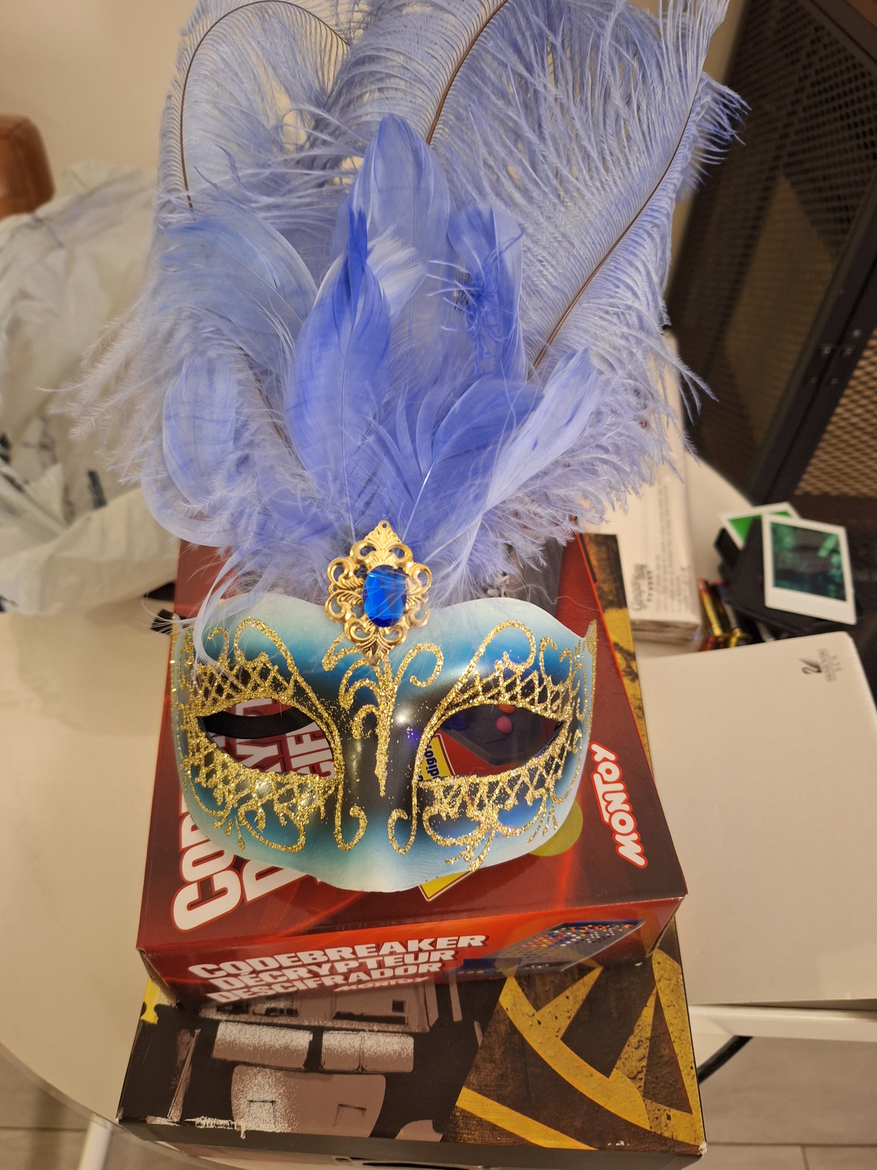 Blue and Gold Masquerade Mask with Feathers