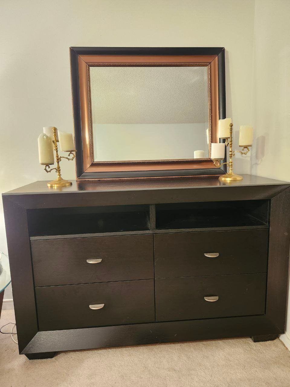 Black Dresser with Mirror – 4 Drawers & Shelves - photo 2