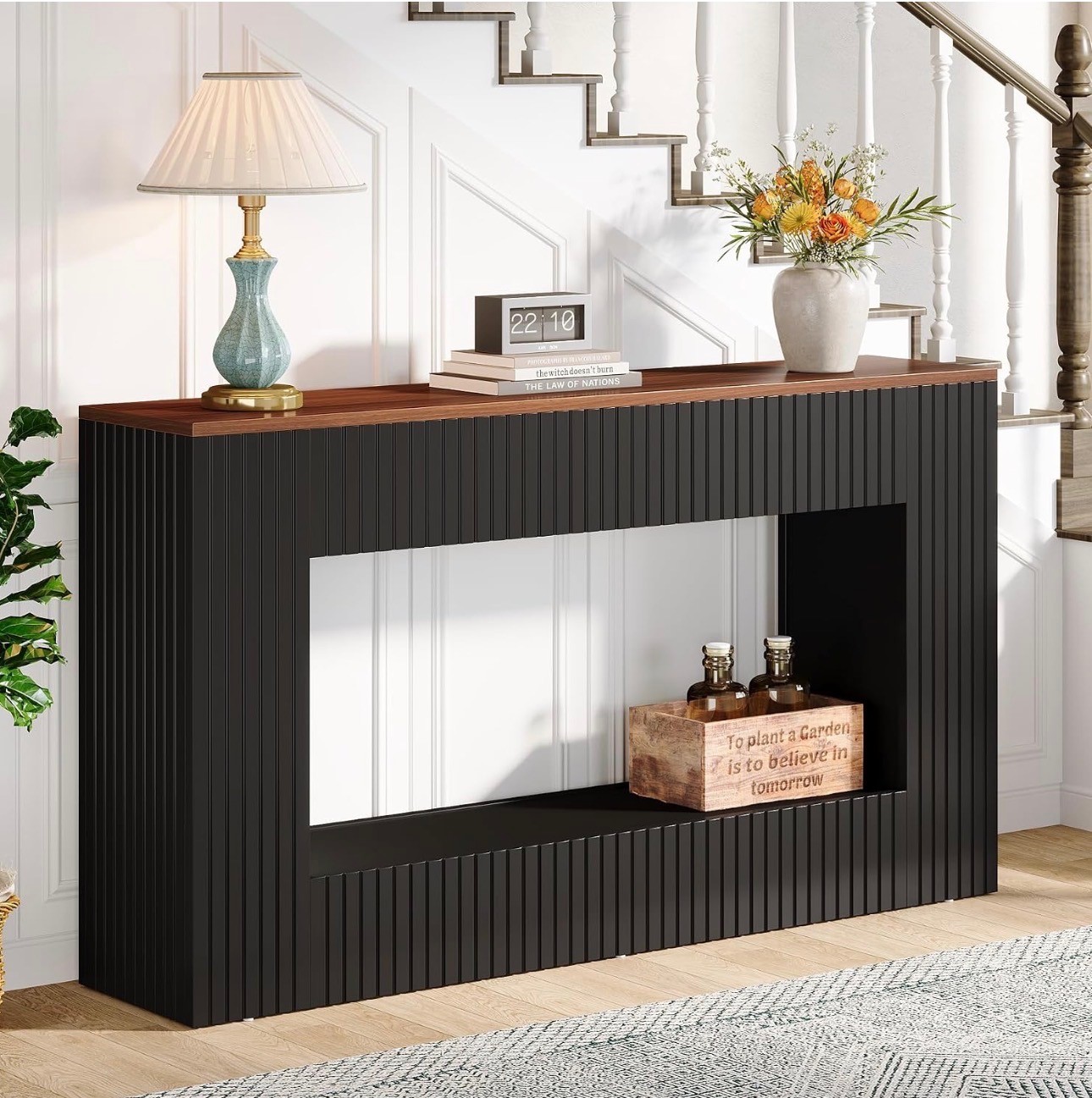 Modern Console Table – Black Fluted, Walnut Top – New - photo 3