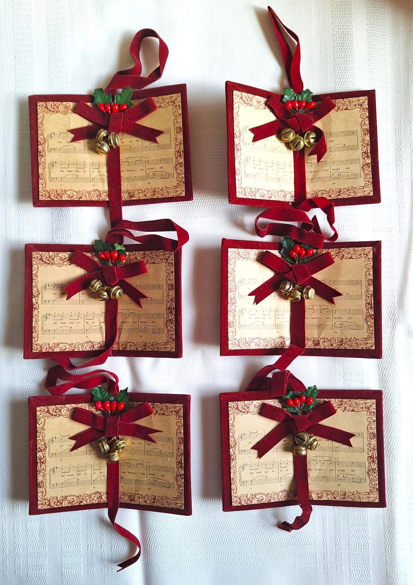 Lot of 6 Vtg 70's Red Velvet Musical Tree Ornaments from Sears