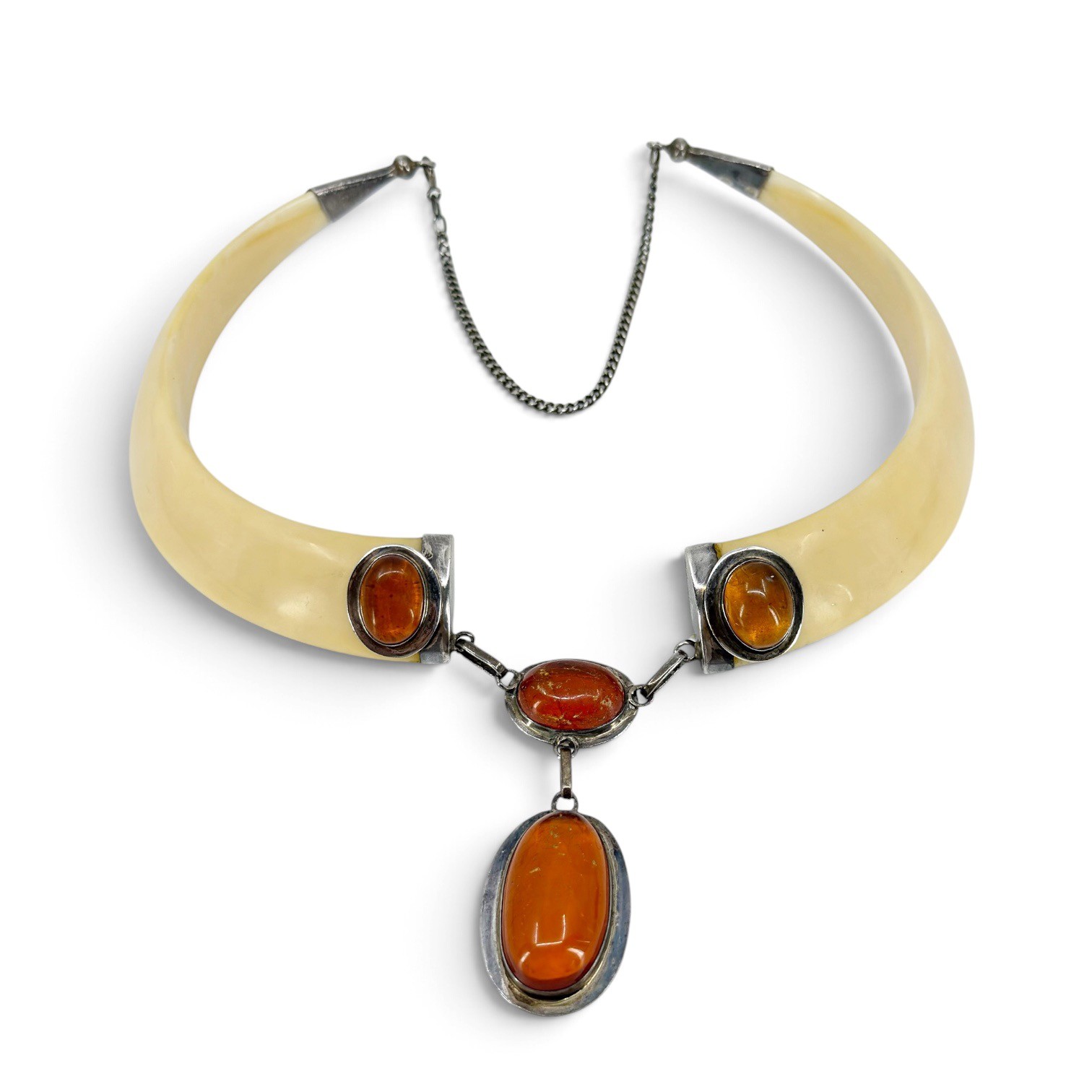 Vintage Sterling Silver wild boar tusk & Baltic amber necklace - photo 2