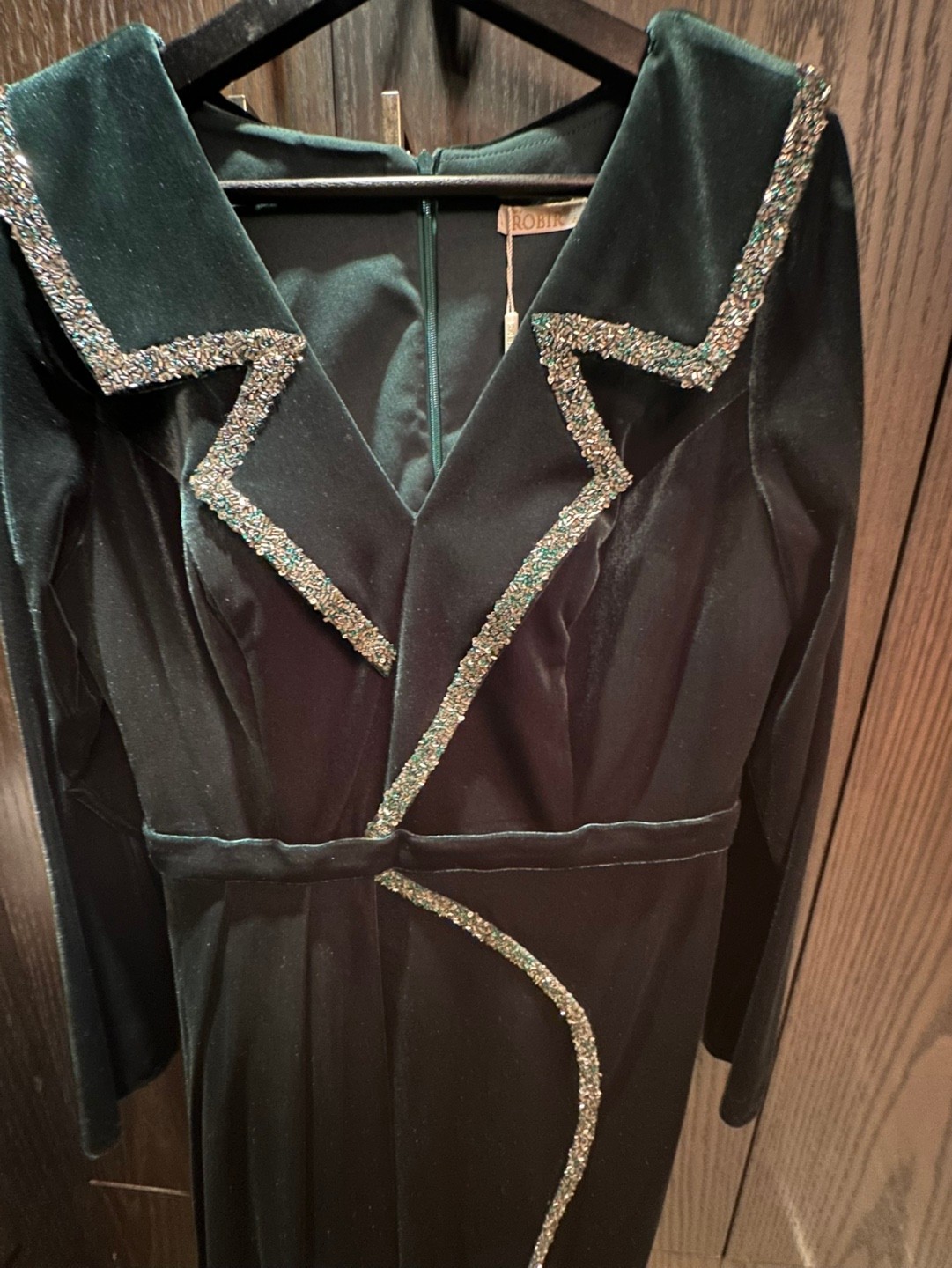 Gorgeous dark green velvet maxi dress with embellished collar - photo 2
