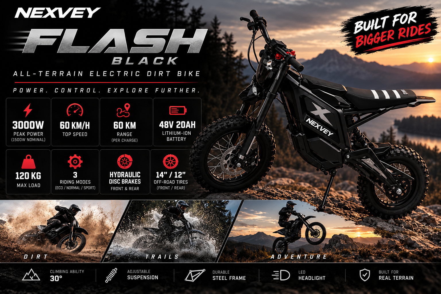 Nexvey Flash Black Electric Dirt Bike – 48V