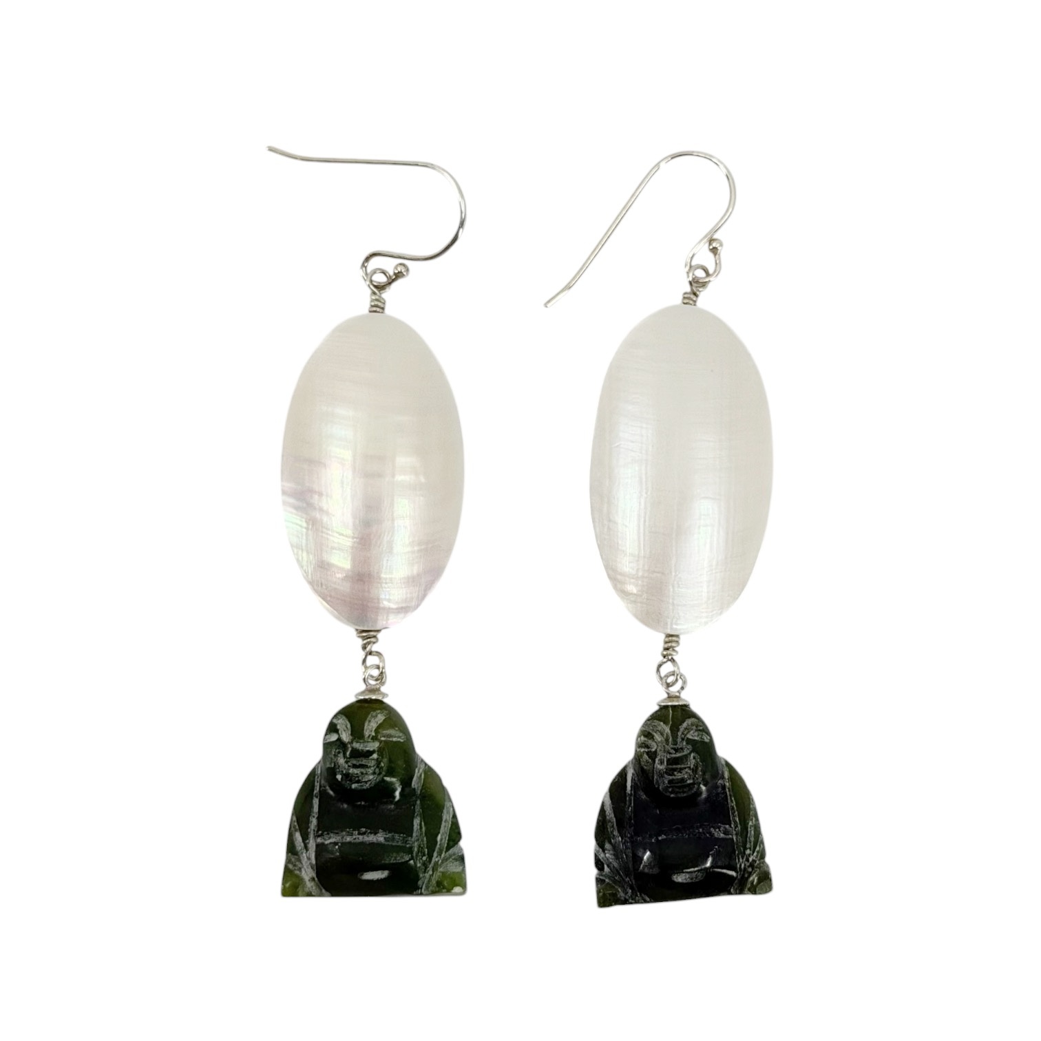 Sterling silver mother pearl & nephrite jade Buddha earrings - photo 3