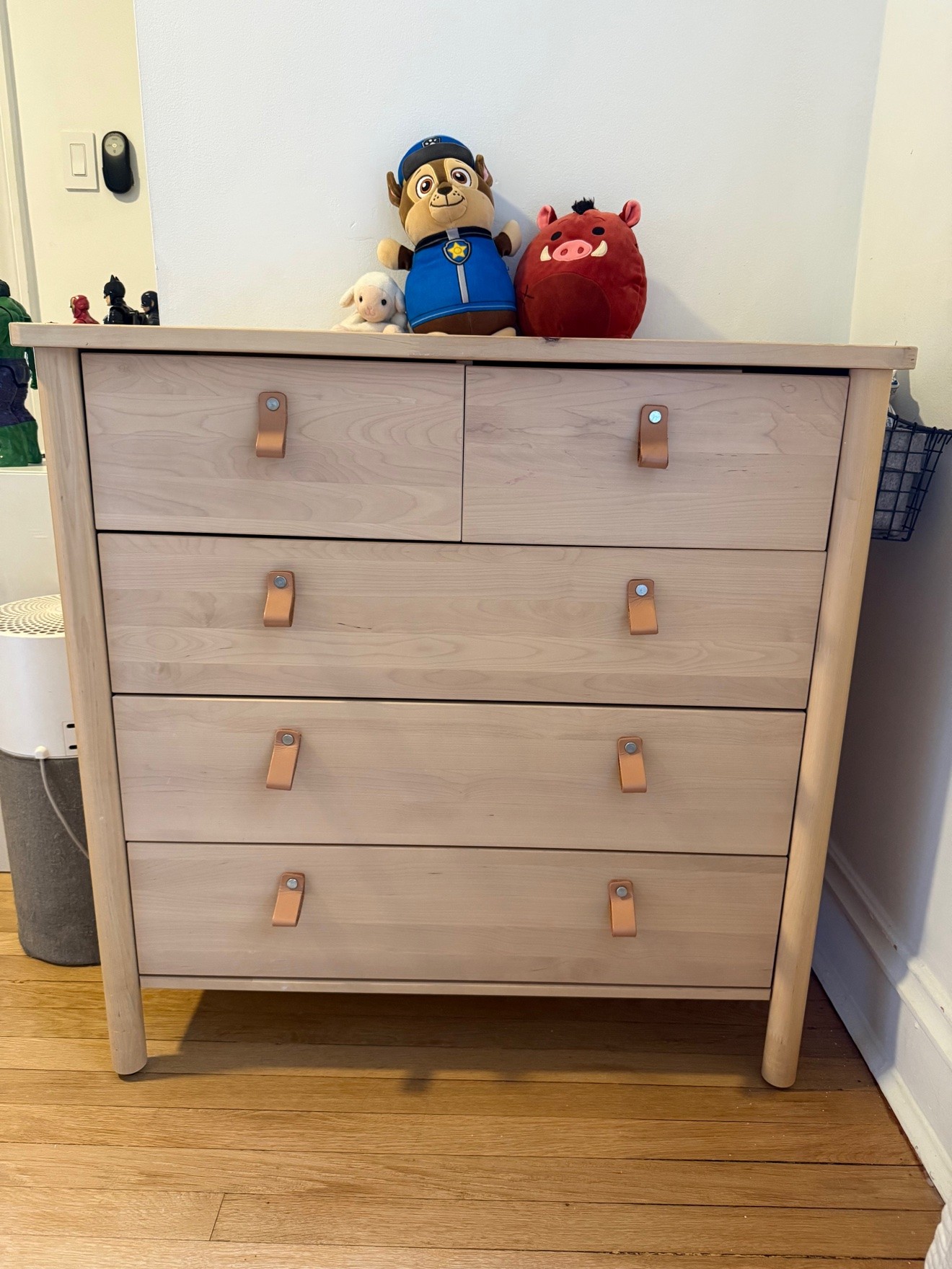 IKEA light wood 5-drawer dresser with leather pulls