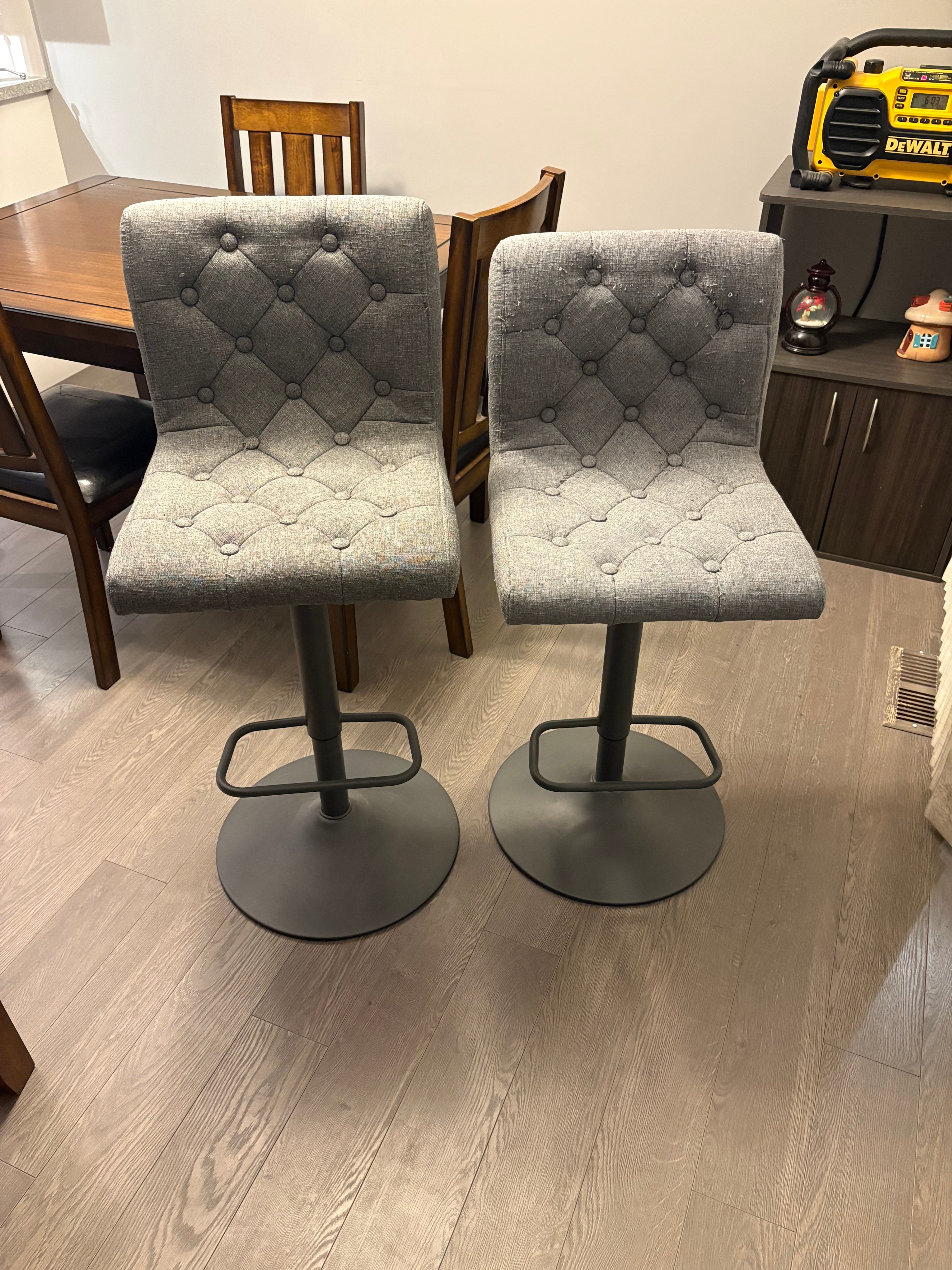 Two Grey Adjustable Tufted Bar Stools - photo 3