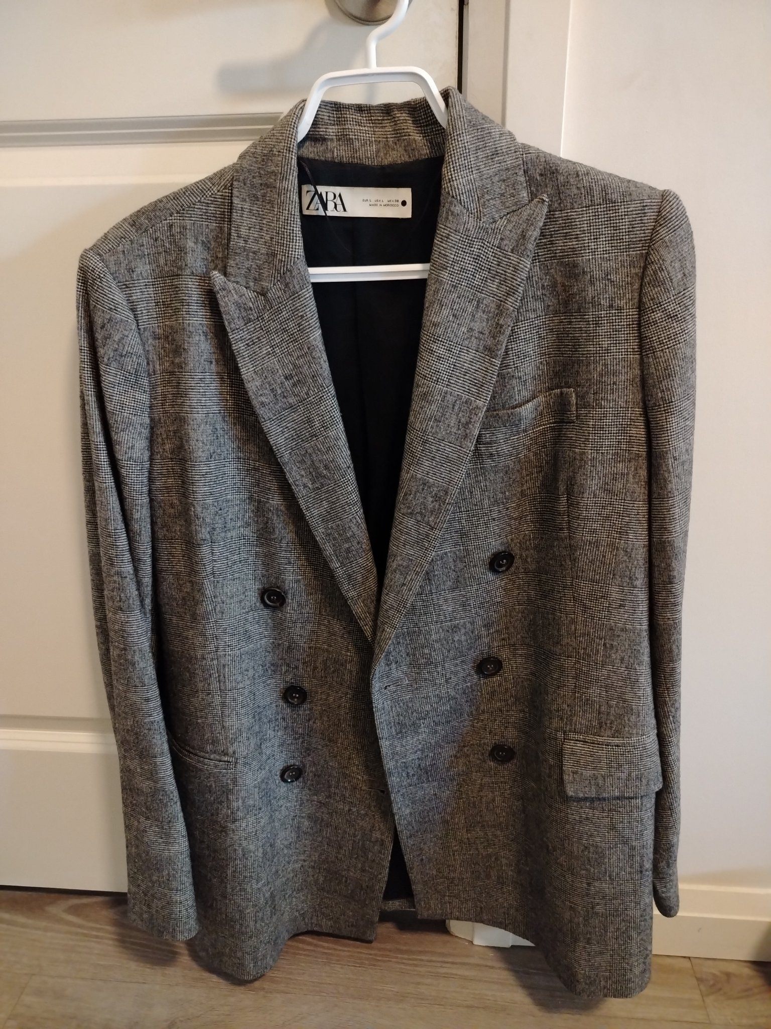 Zara Blazer – Grey Plaid, Double-Breasted, Size L