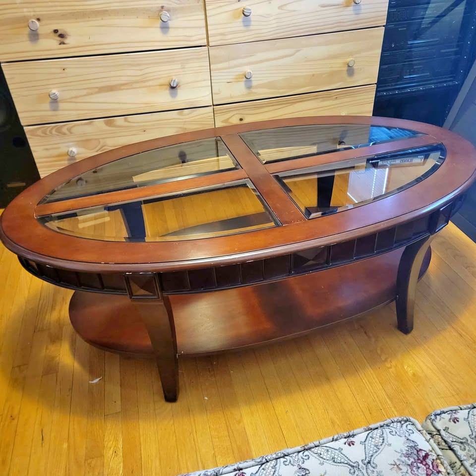 Vintage 2 tier wood and beveled glass oval coffee table