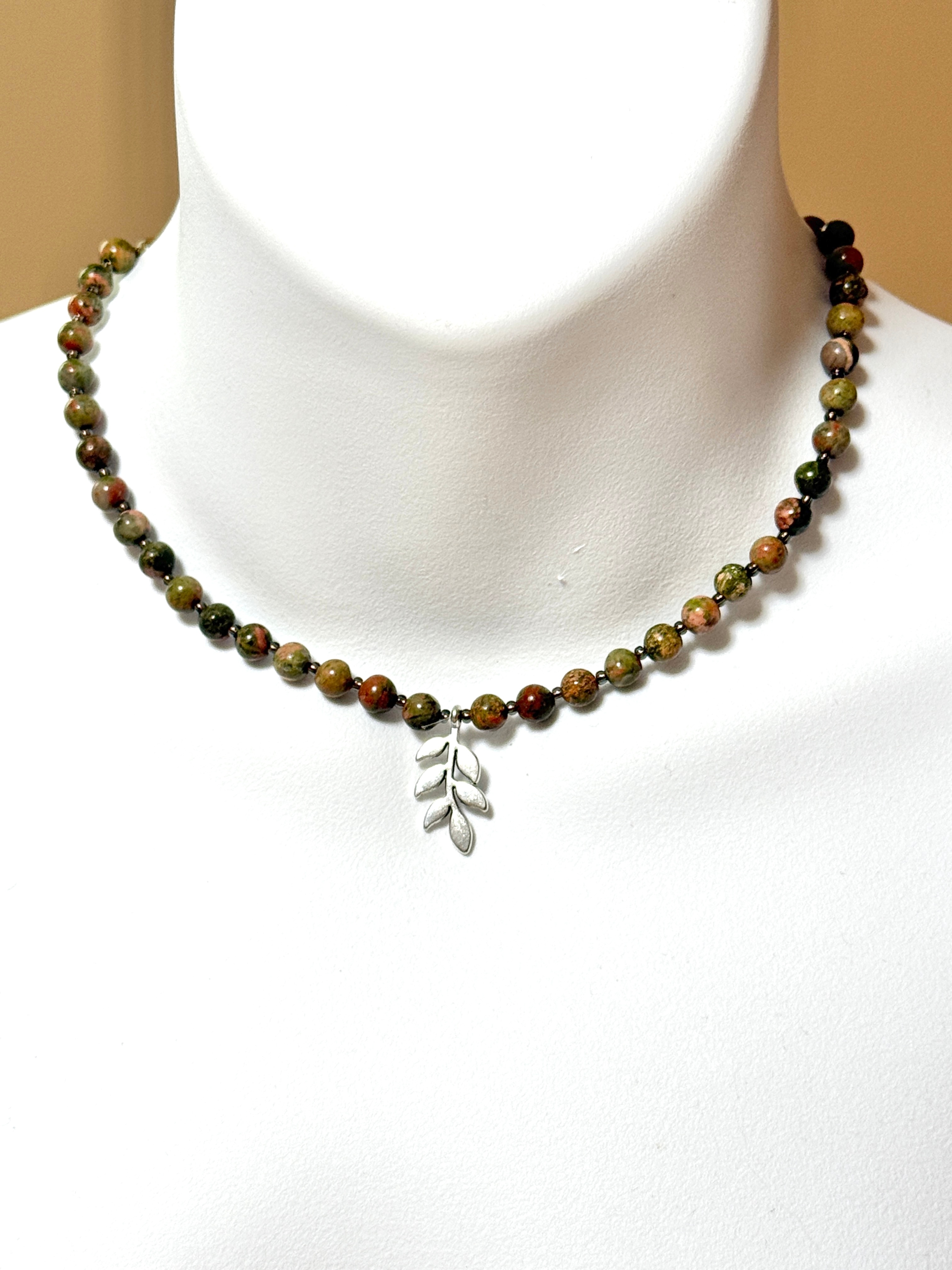 Green Unakite Short Necklace, Silver Leaf Branch Pendant - photo 2