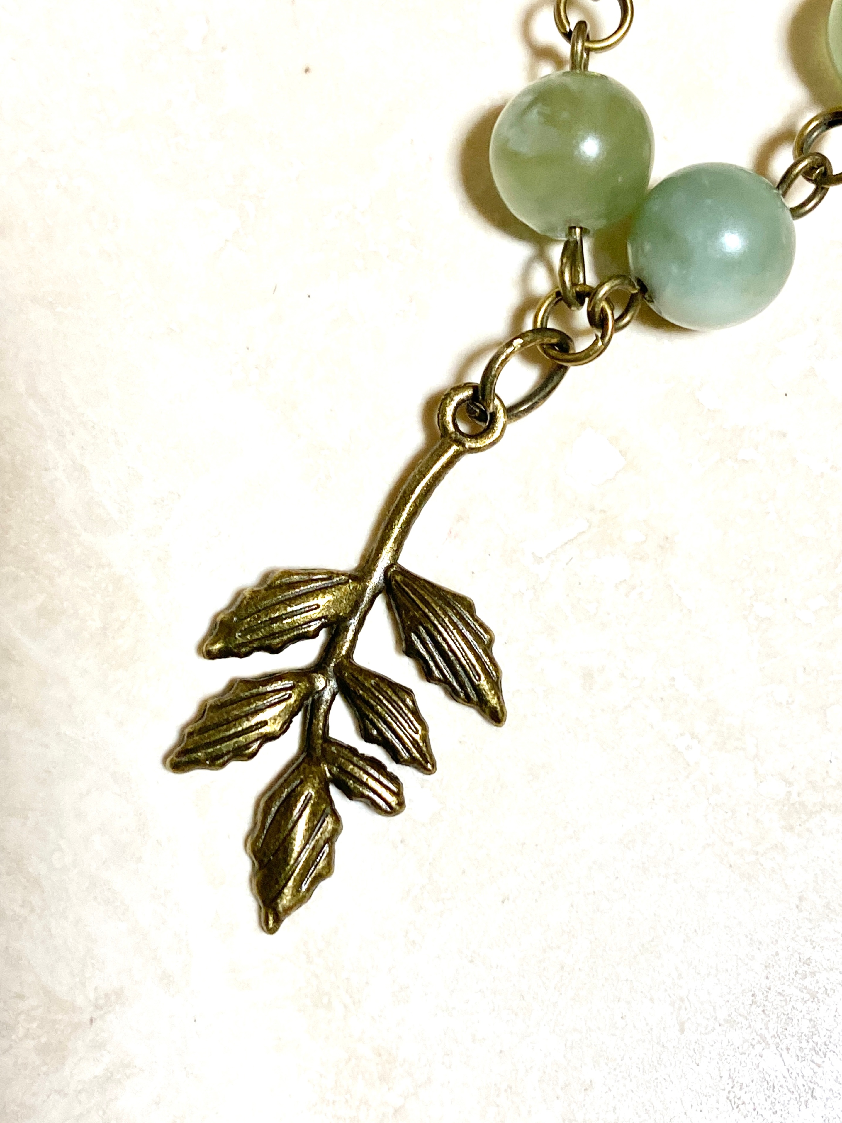 Mint Green Serpentine Short Necklace, Bronze Leaf Branch Pendant - photo 4