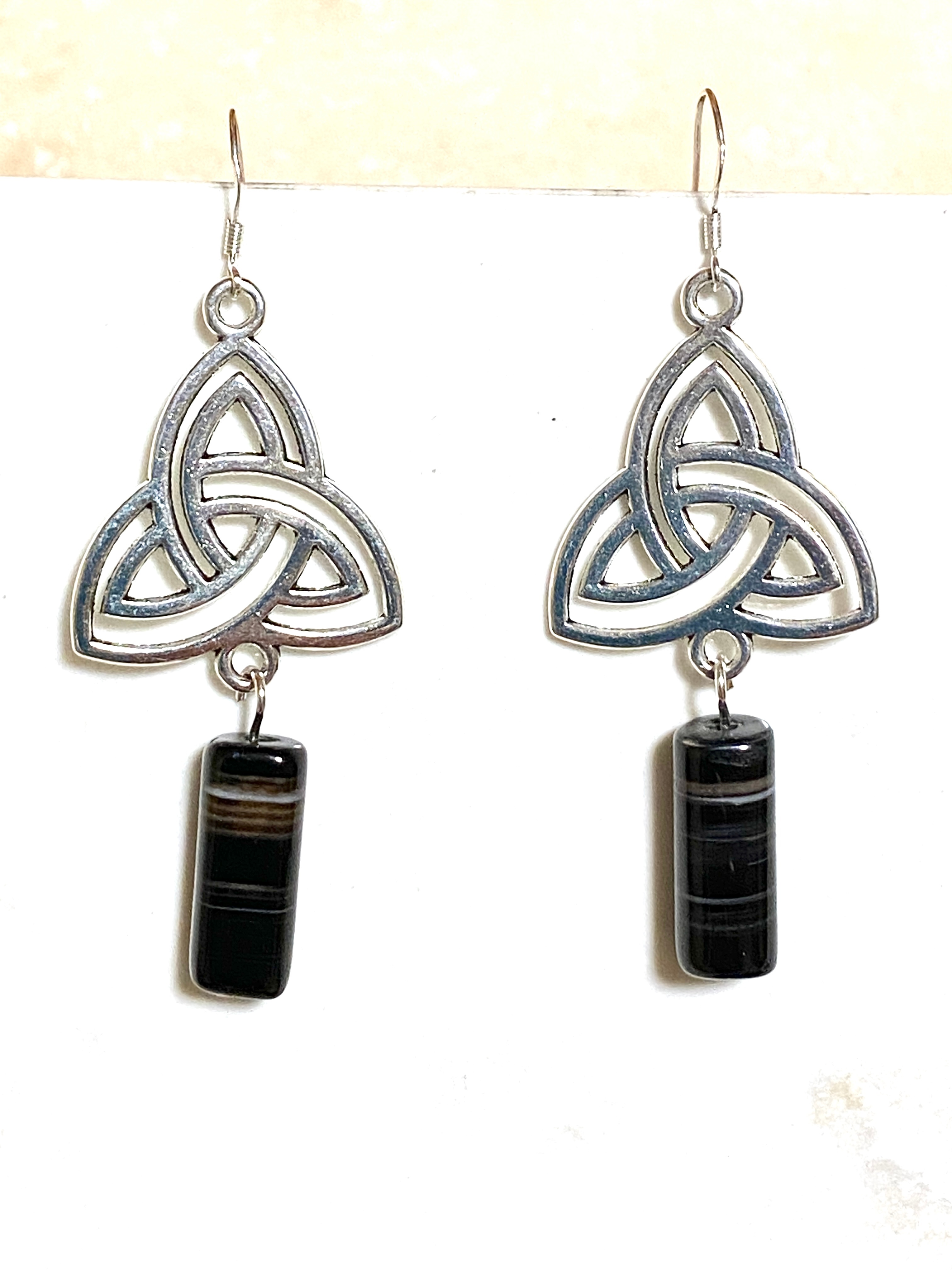Dark Agate Triqueta Earrings, Sterling Silver Hook