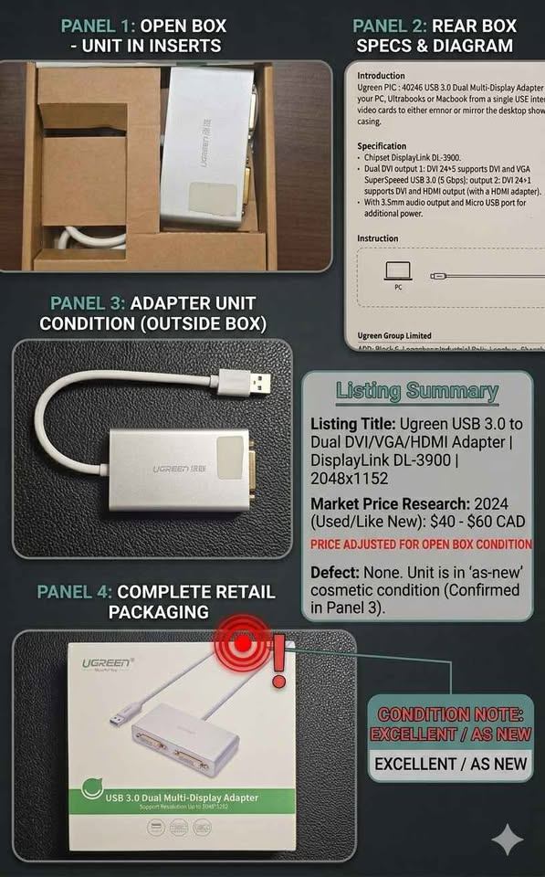 Ugreen USB 3.0 to Dual DVI/VGA/HDMI Adapter DisplayLink DL-3900