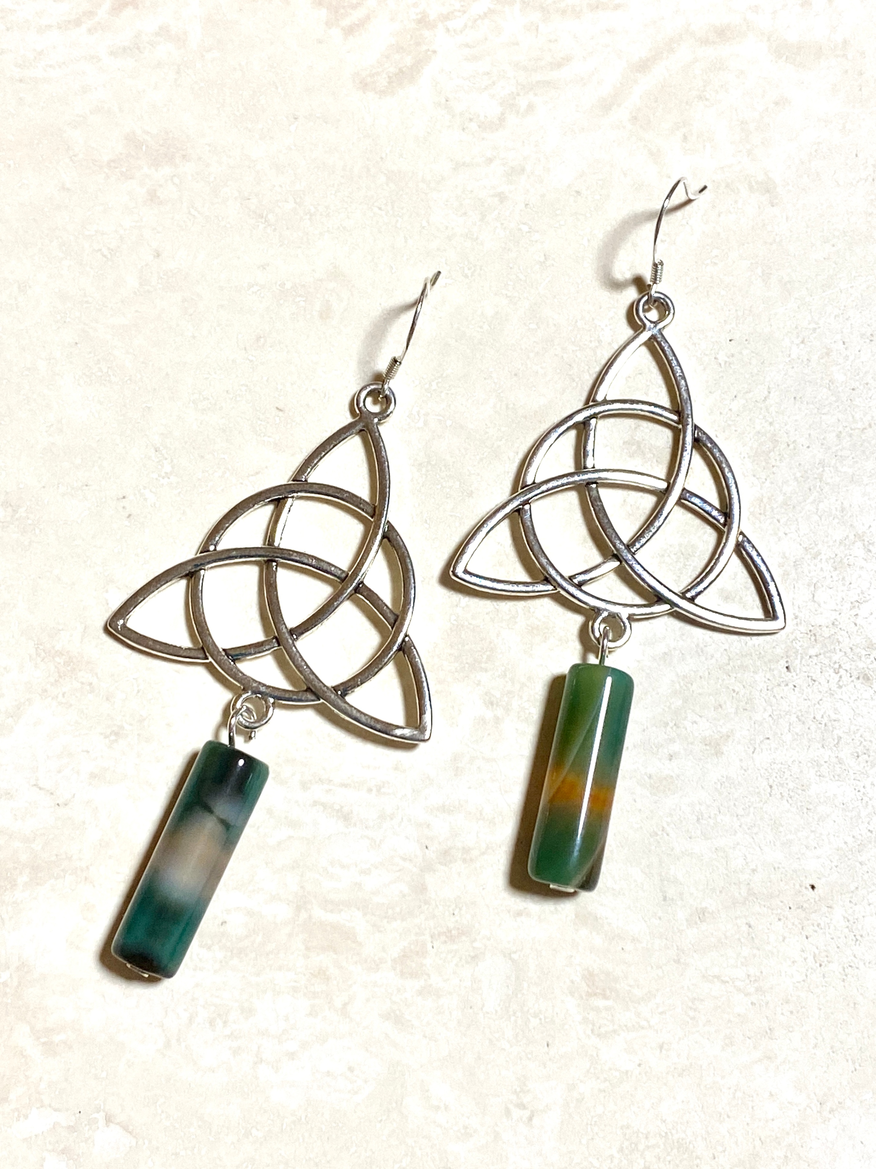 Multi-colored Dyed Agate Celtic Trinity Earrings, 925 Hooks