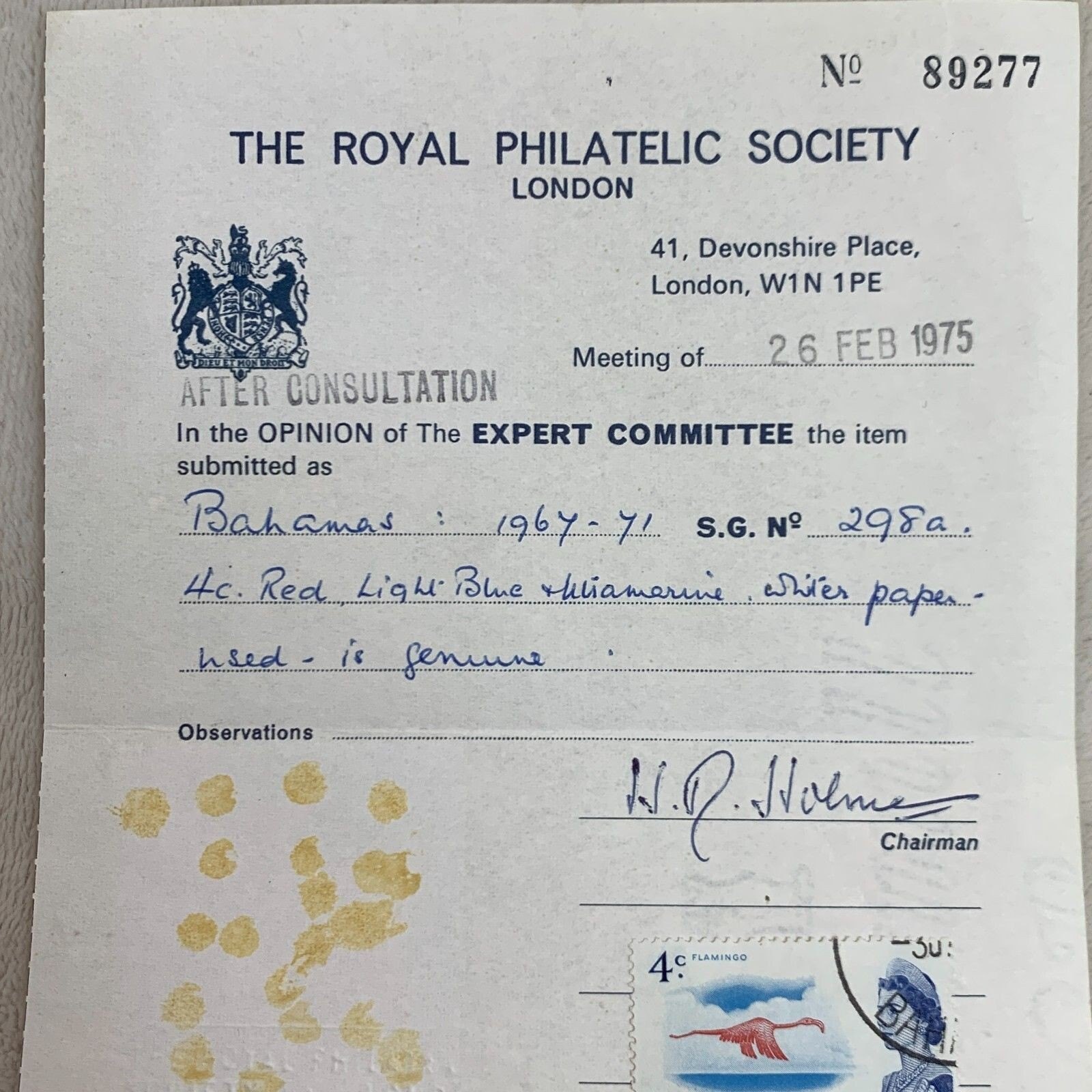 Bahamas 1967 SG #298a 4c Red Light Blue White Paper TRPCL Cert - photo 3